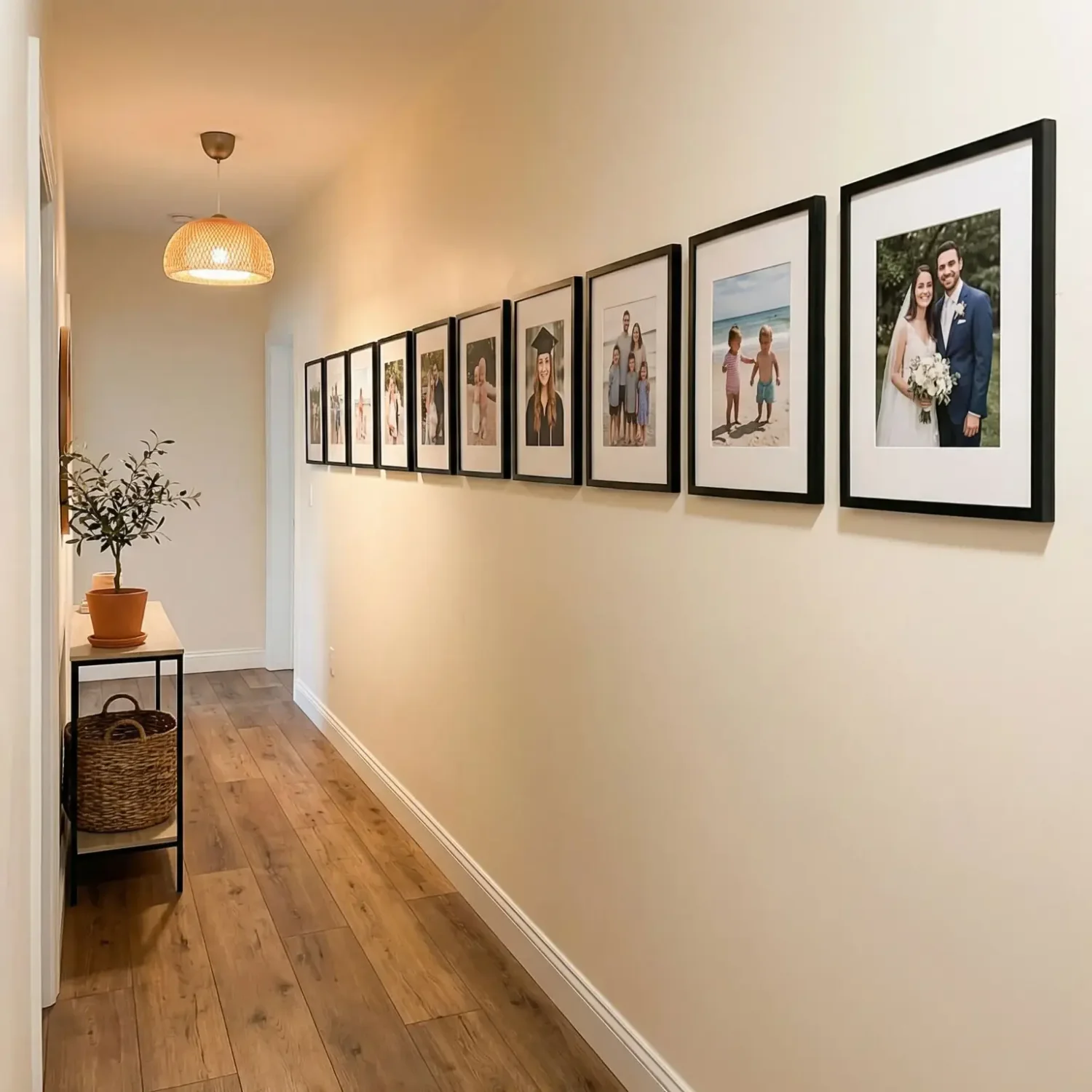 Hallway family timeline gallery with framed pictures