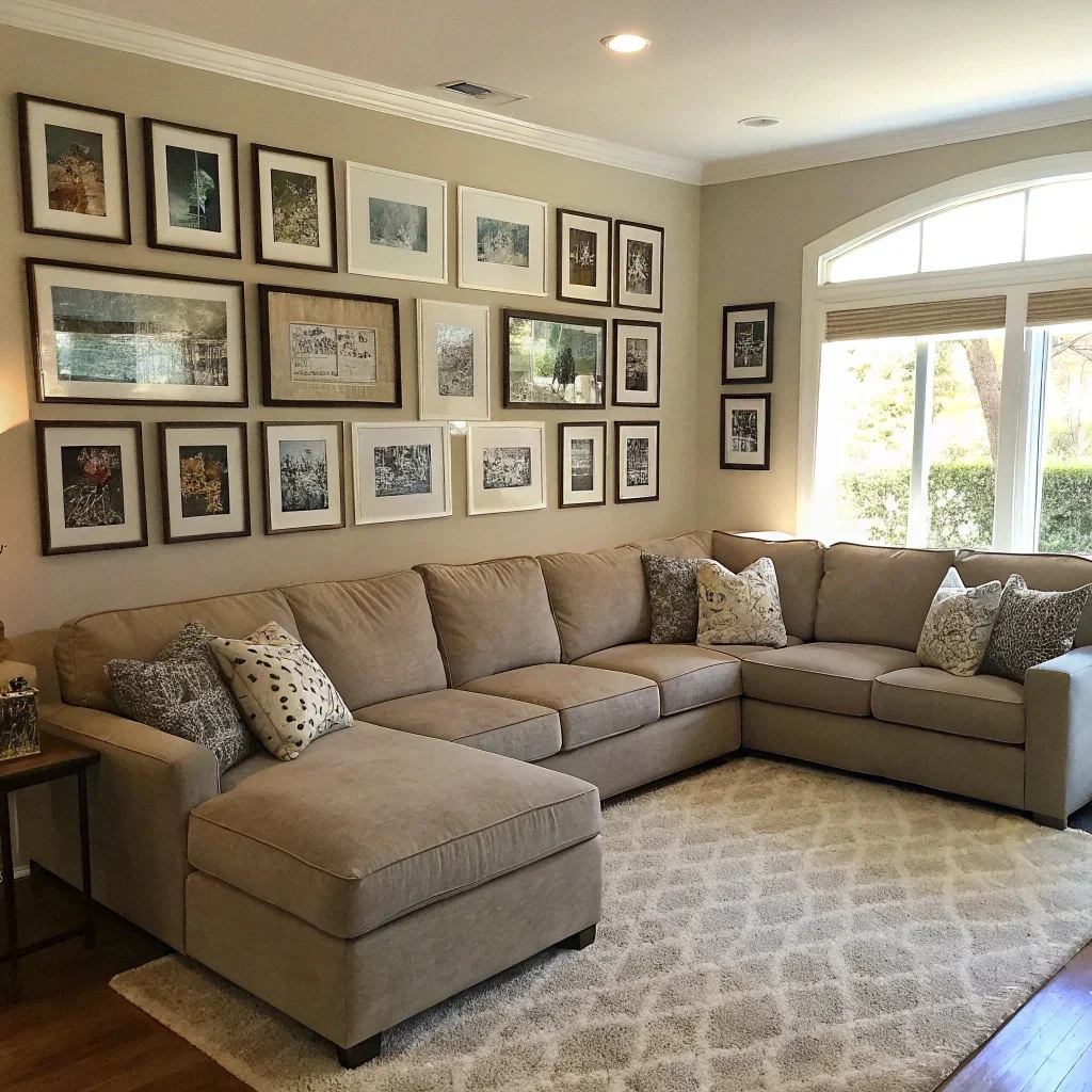 Living room with a sectional sofa featuring an L-shaped or extended horizontal gallery wall that follows the longest side, visually unifying the seating area.