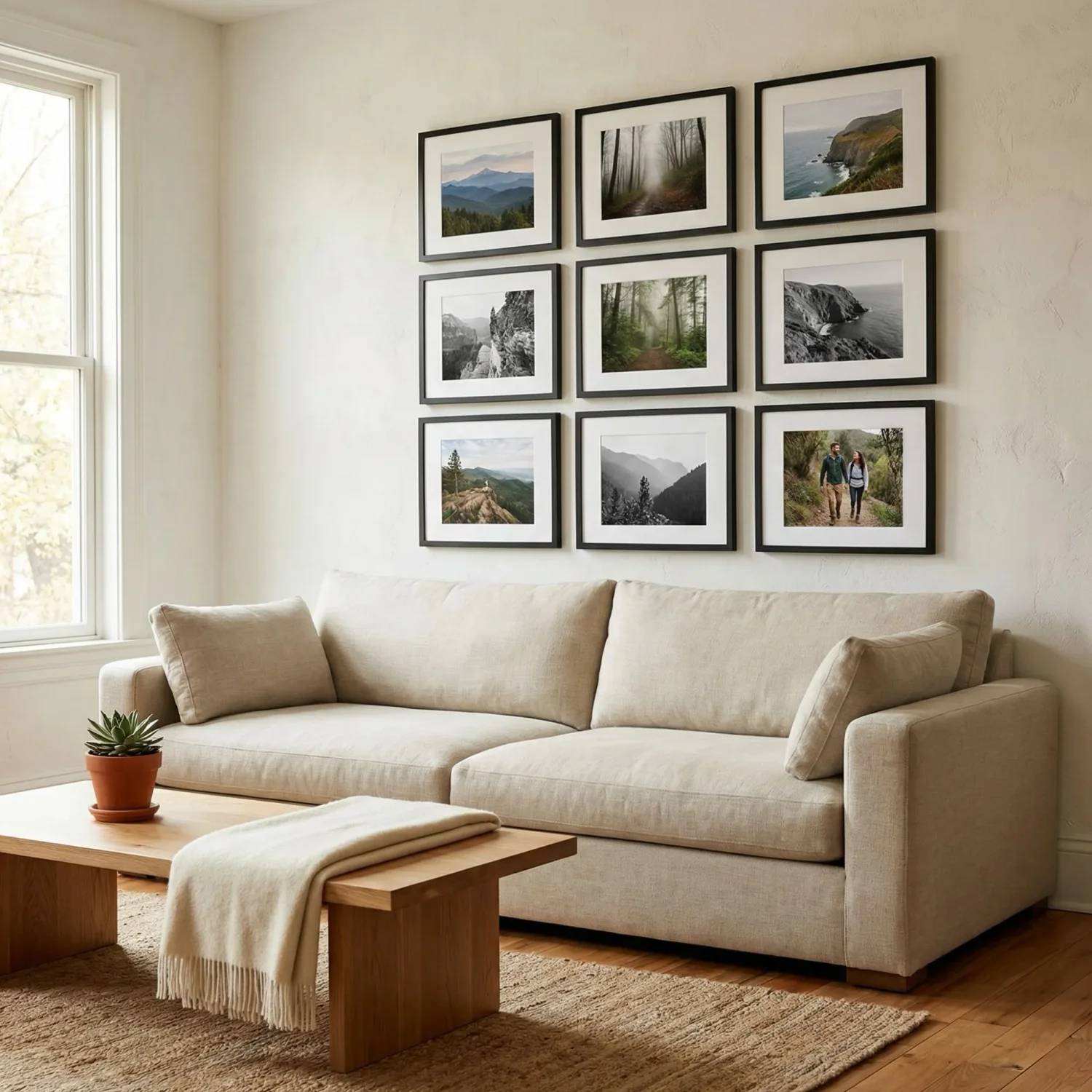 Classic 3x3 grid framed photo collage above sofa