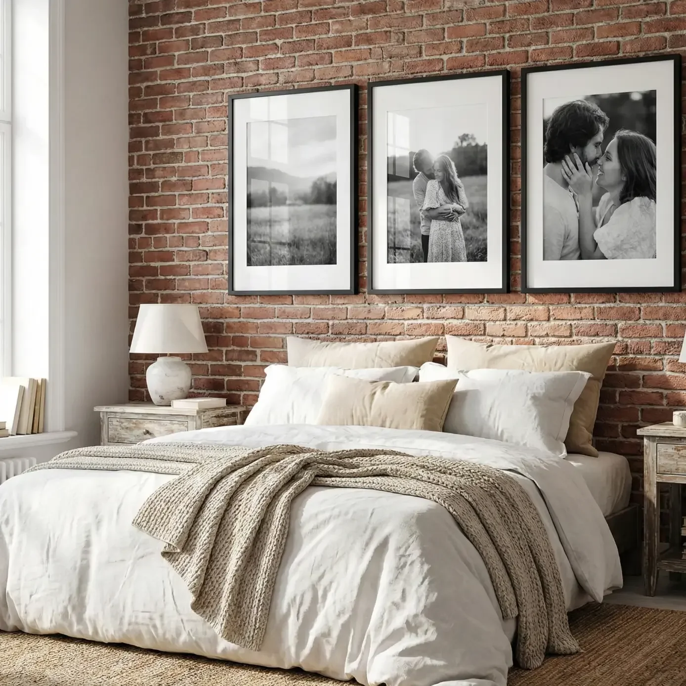 Cozy bedroom with exposed brick wall, three black-and-white portraits, and soft neutral bedding.