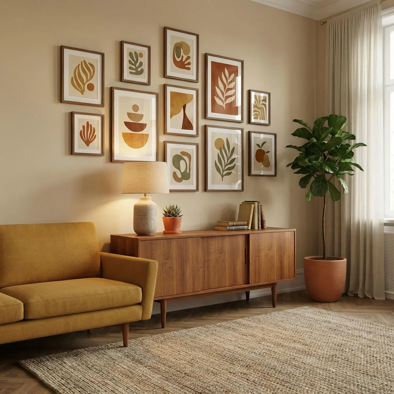 Mid-century modern framed art above teak sideboard