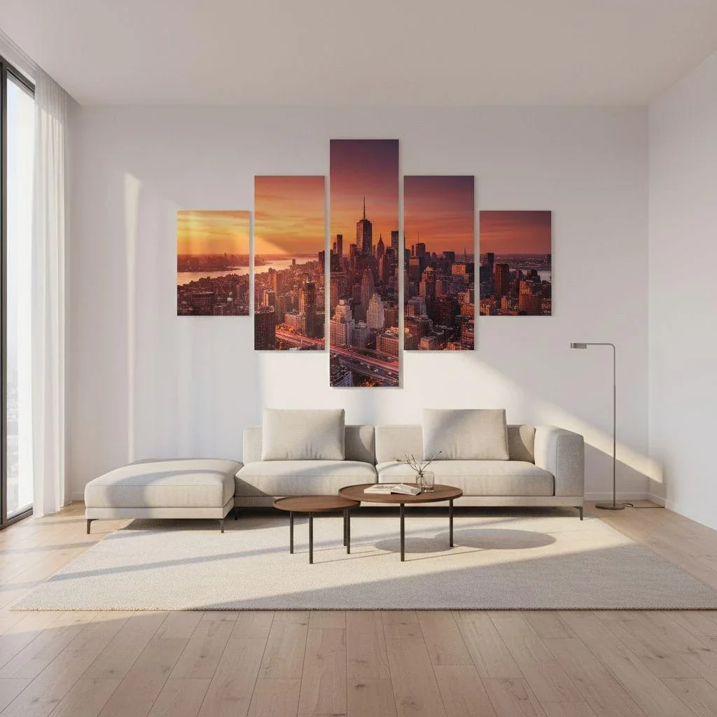 Large living room with 5-piece skyline panorama
