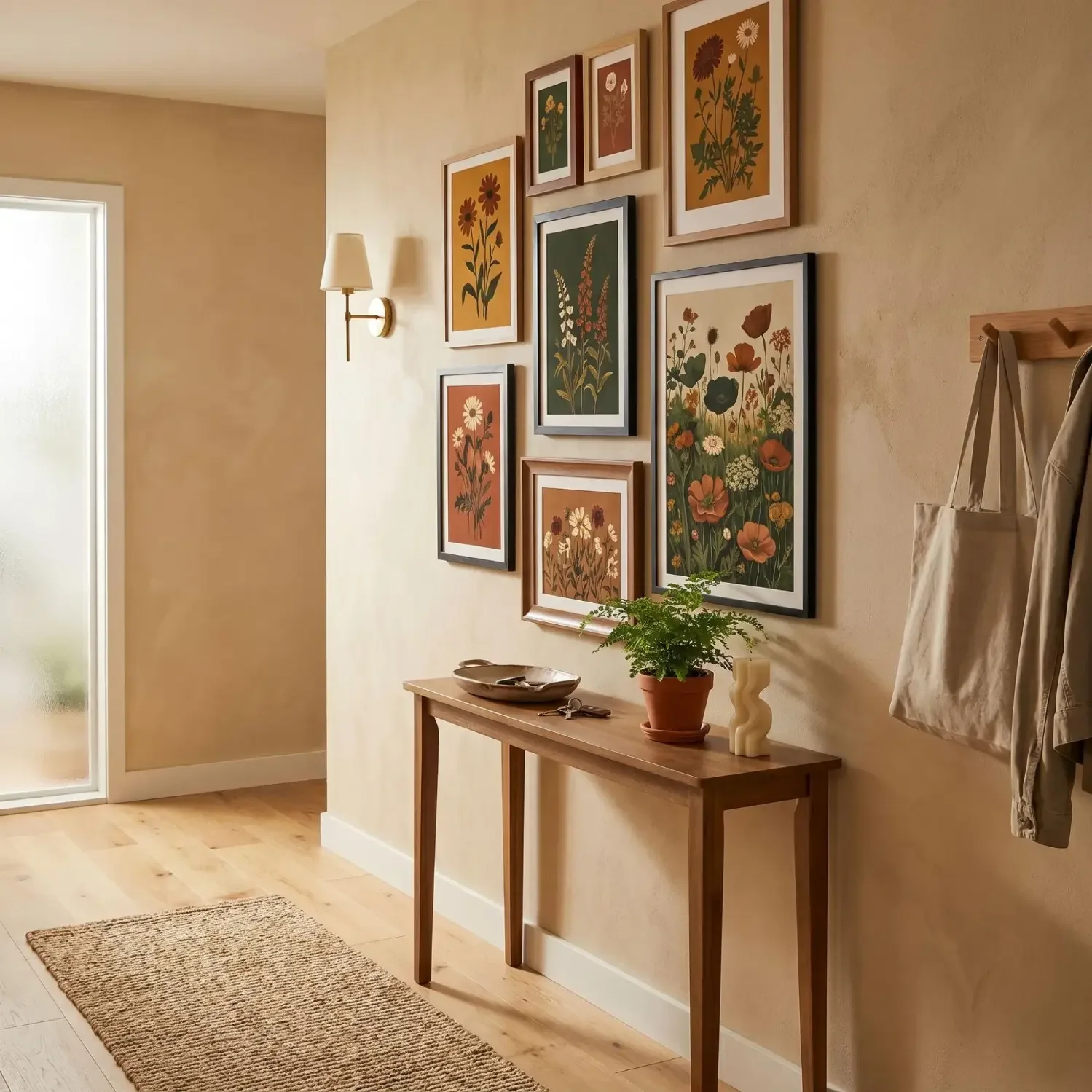 Hallway entryway with vertical wildflower art display