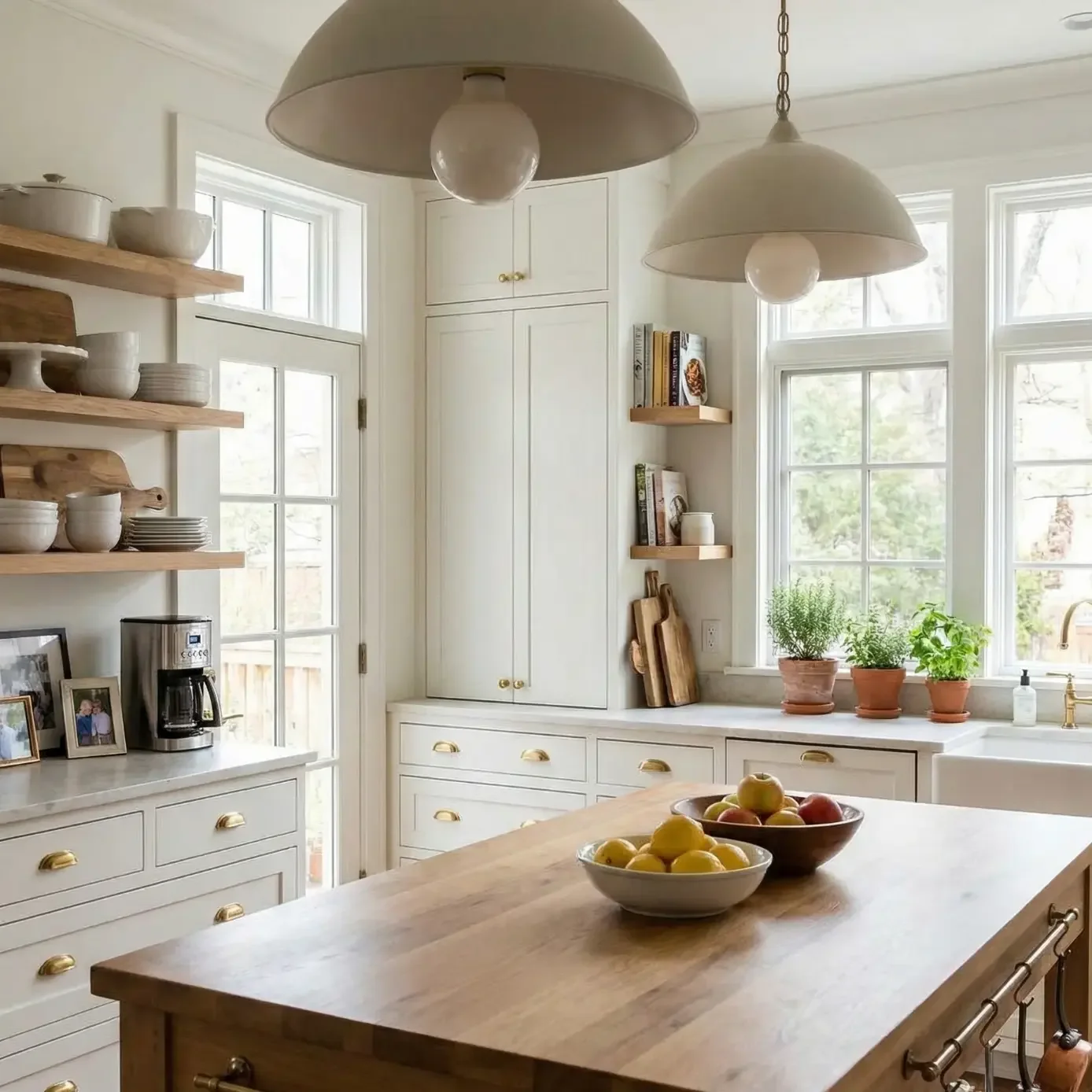 Bright white kitchen with wood island and pendant lights