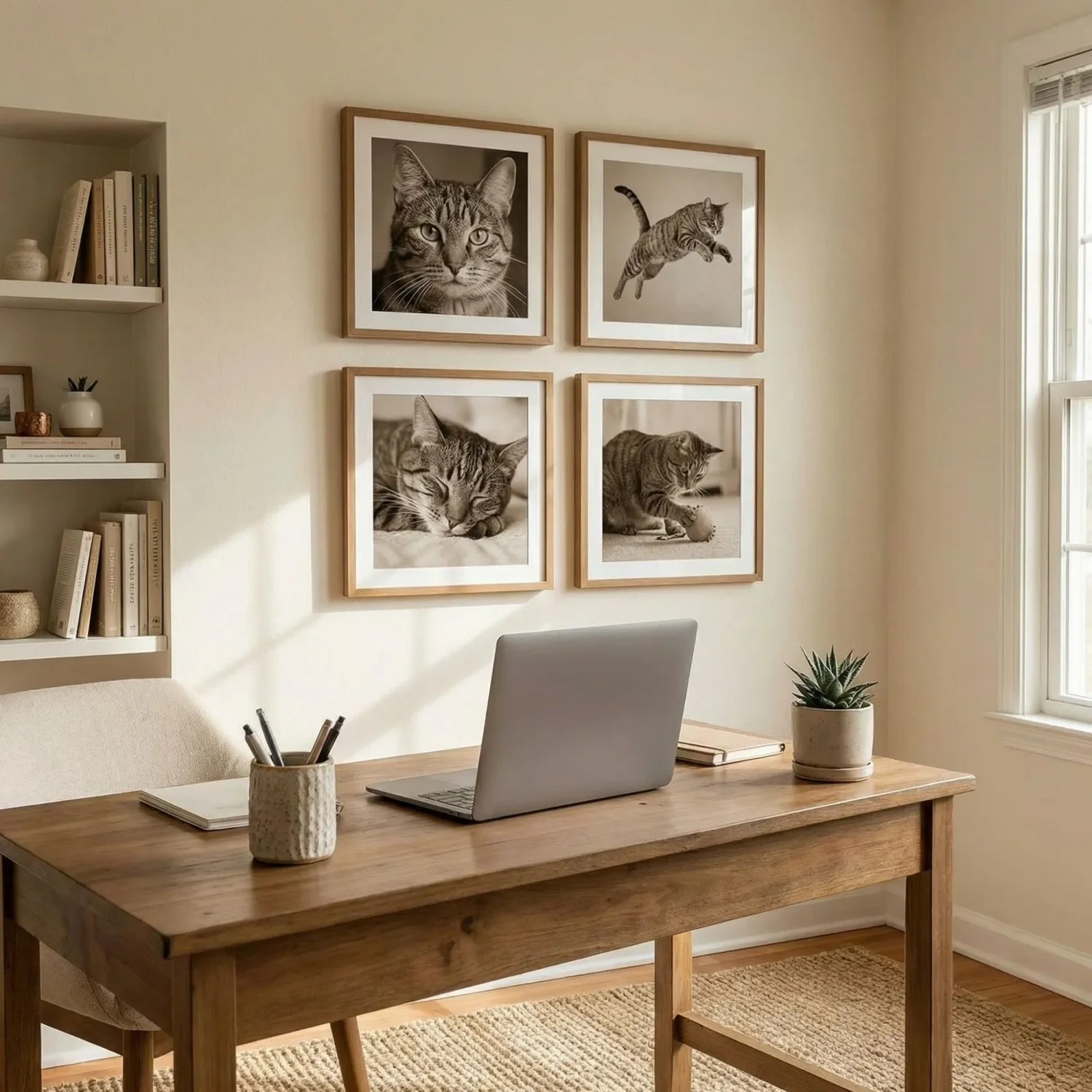 Four cat framed photos as home office desk backdrop