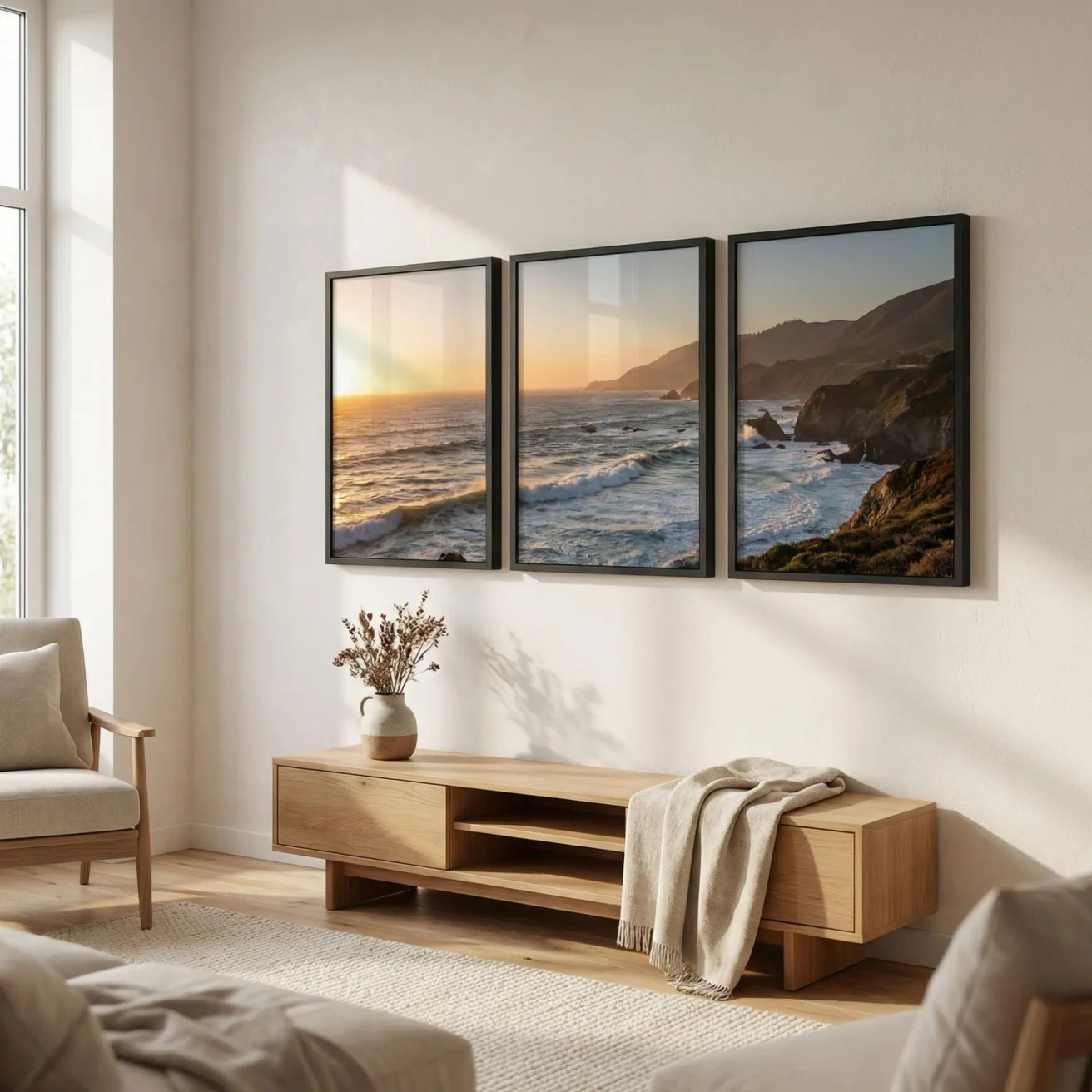 3 piece beach panoramic wall art in living room
