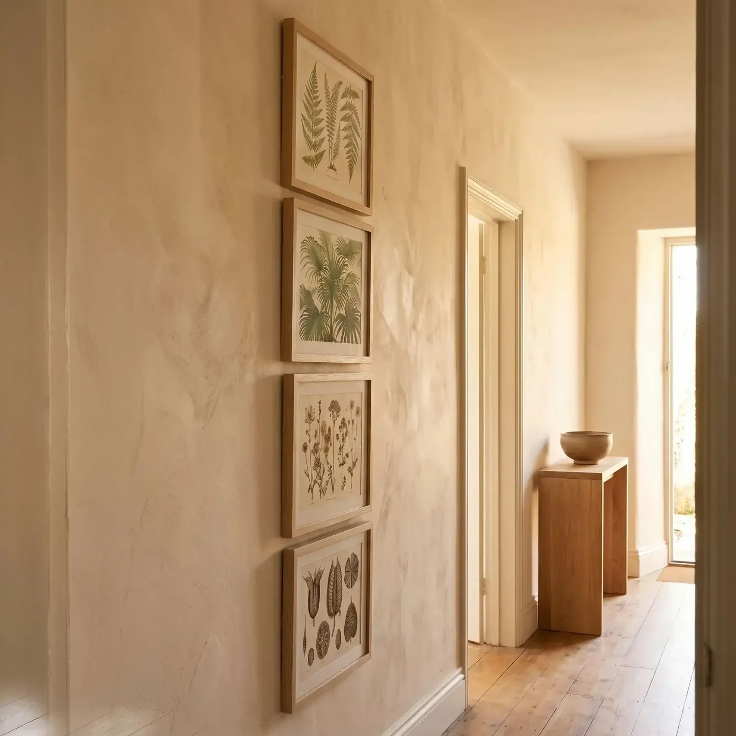Vertical column of botanical prints in hallway
