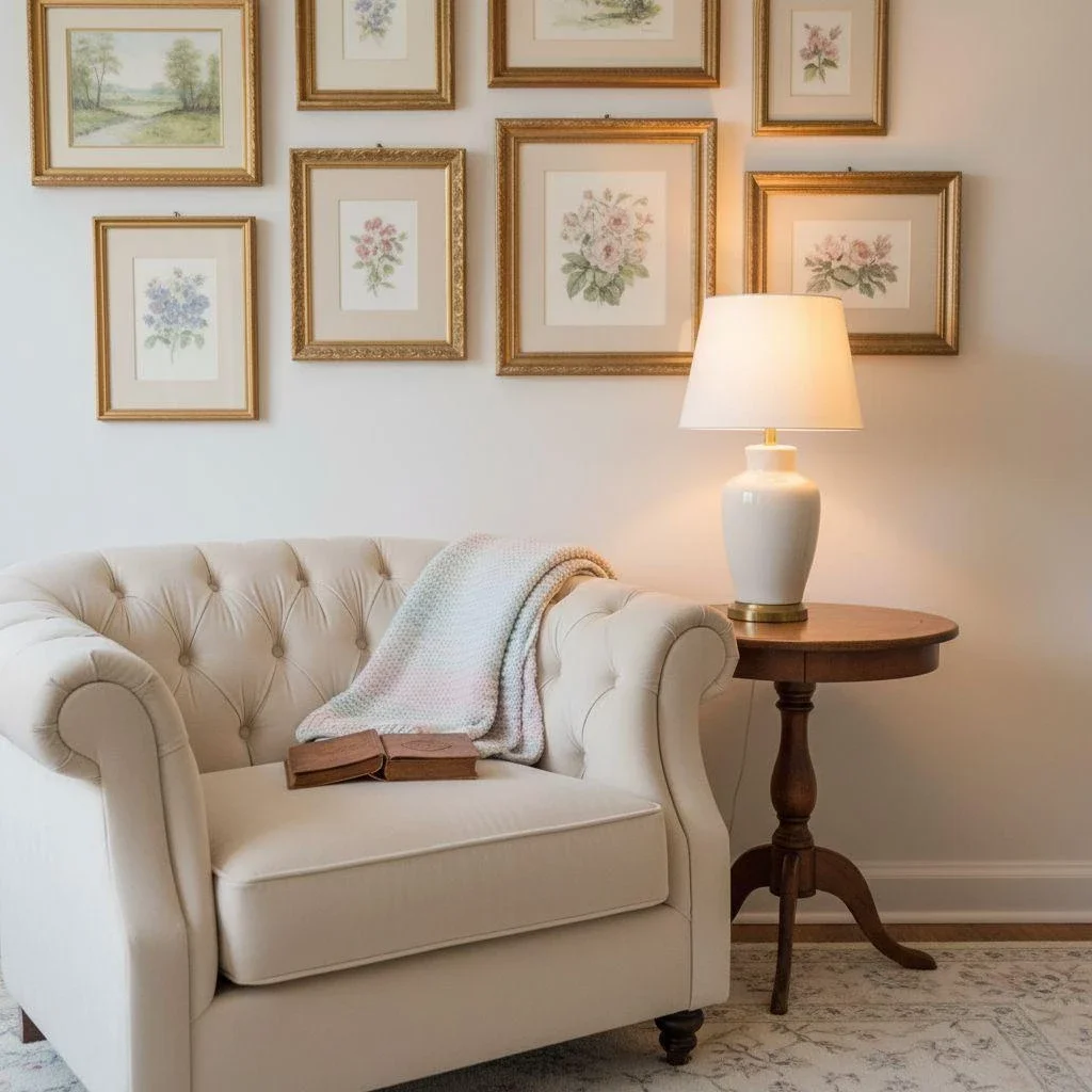 Cream tufted chair with books beneath floral gallery wall