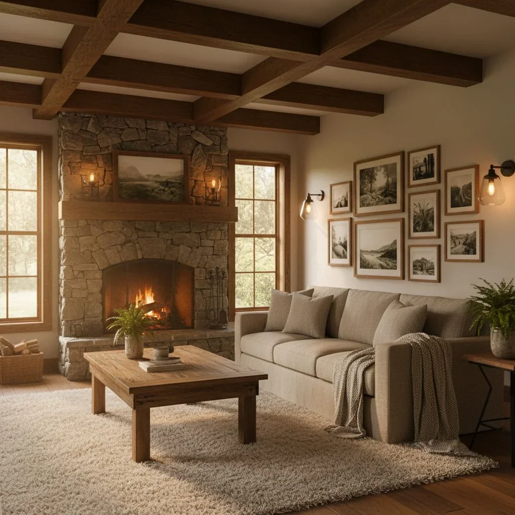 Rustic living room with stone fireplace and gallery wall