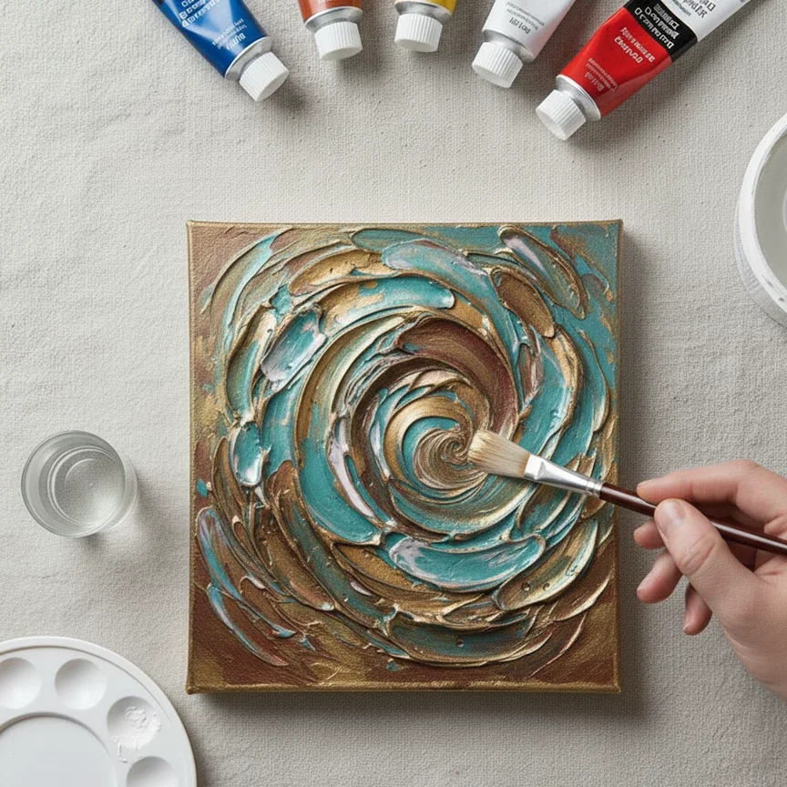hand brushing teal and gold onto textured spiral canvas