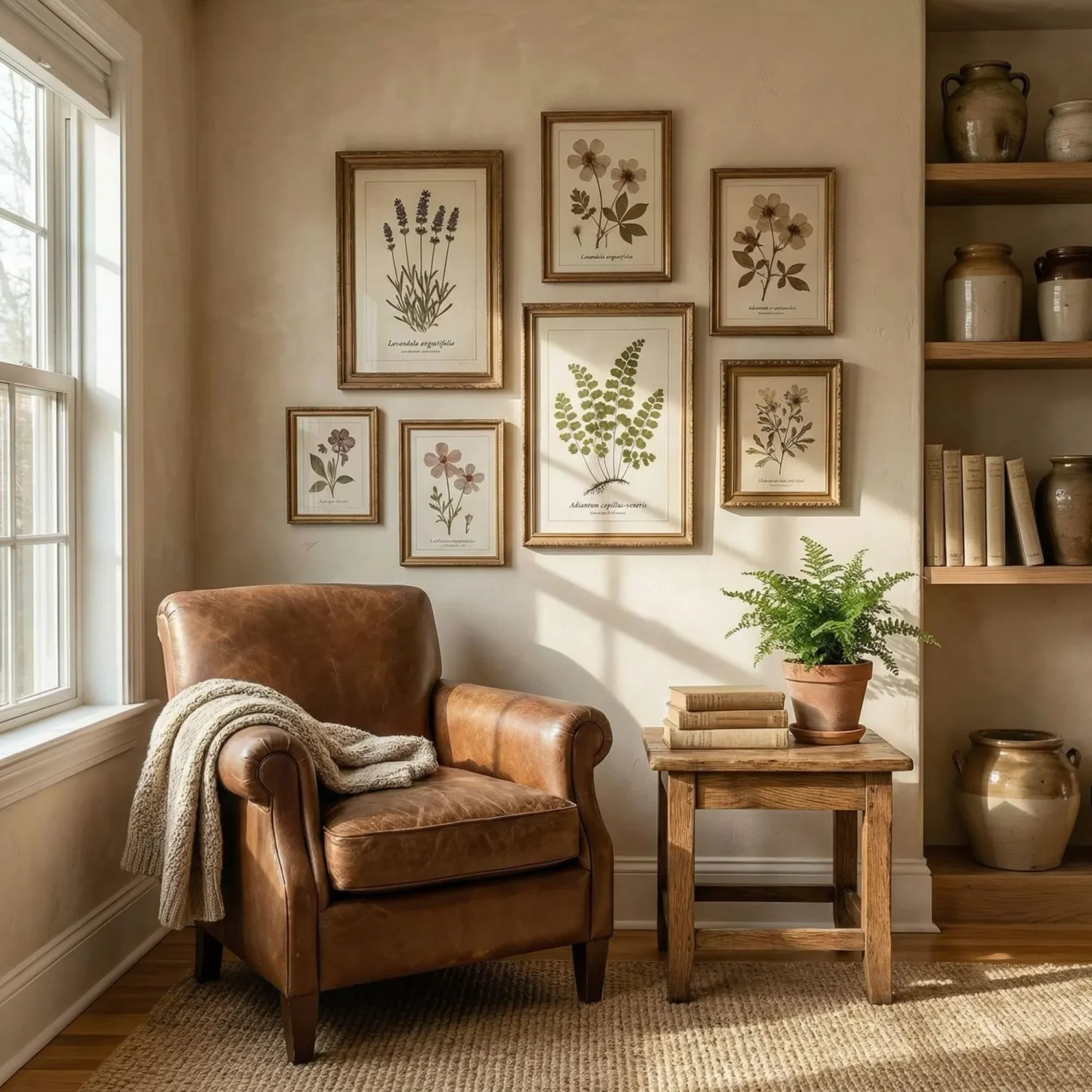 Vintage botanical print frames in cottage interior