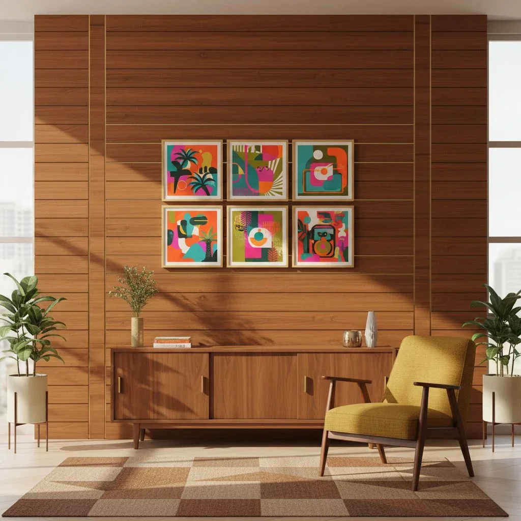 Mid-century modern room with teak panels and art