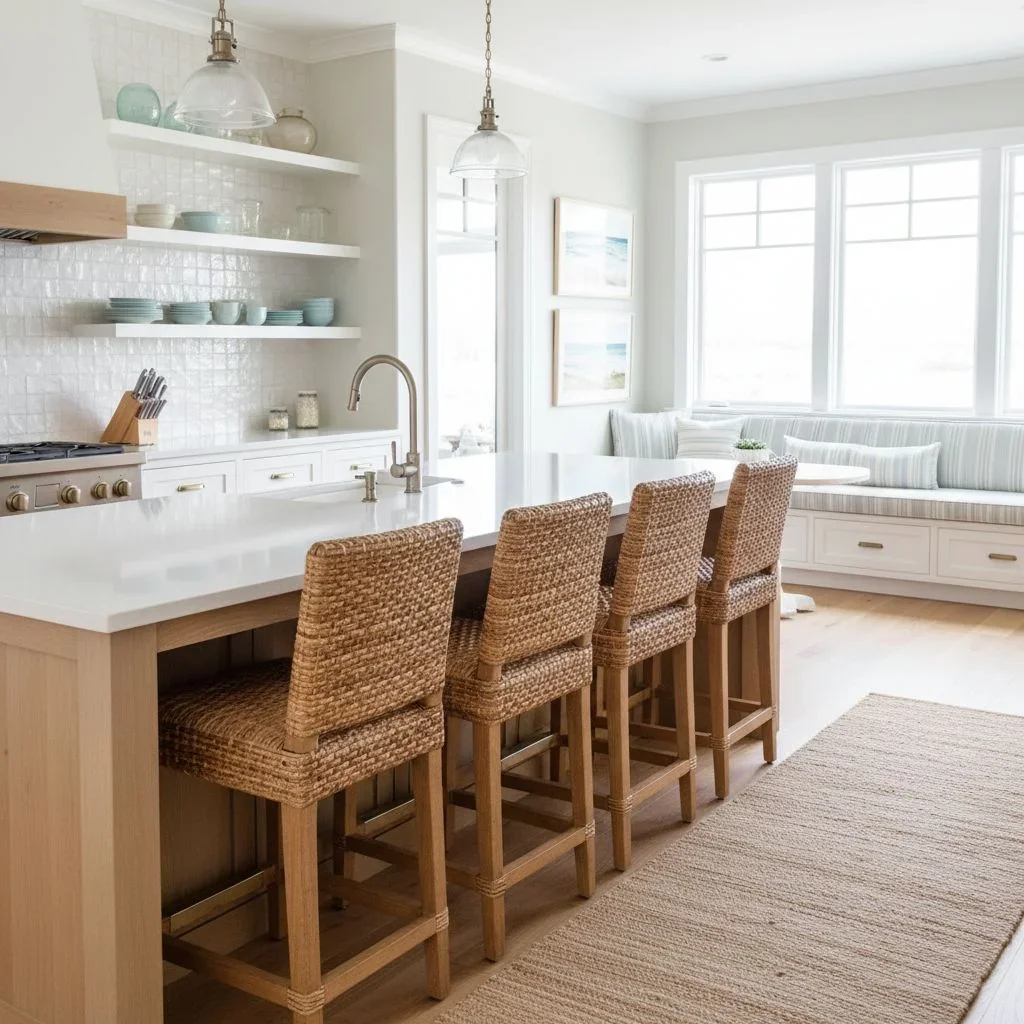 Bright coastal kitchen with natural textures and beachy accents