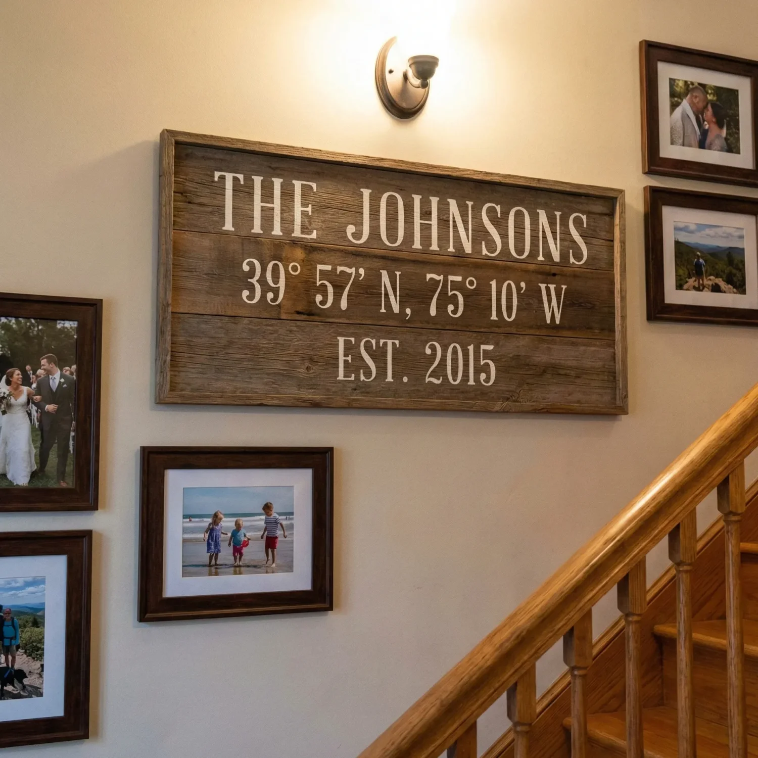 Rustic wood family name sign above framed photos by staircase