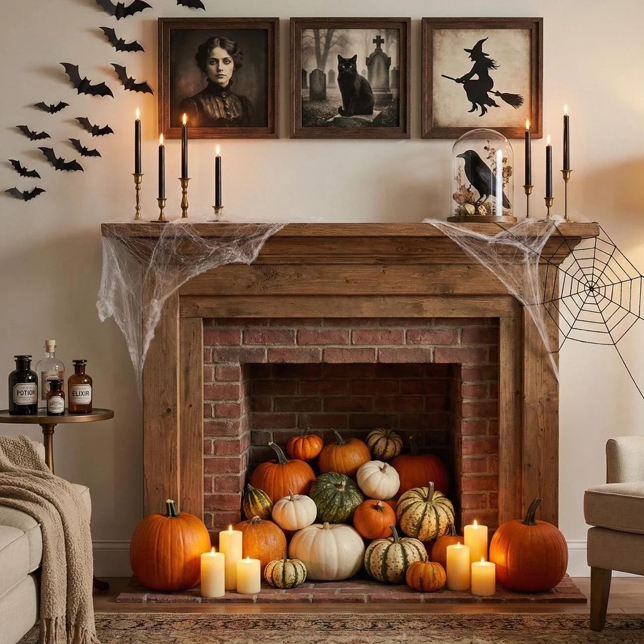 Cozy fireplace filled with pumpkins and eerie Halloween décor
