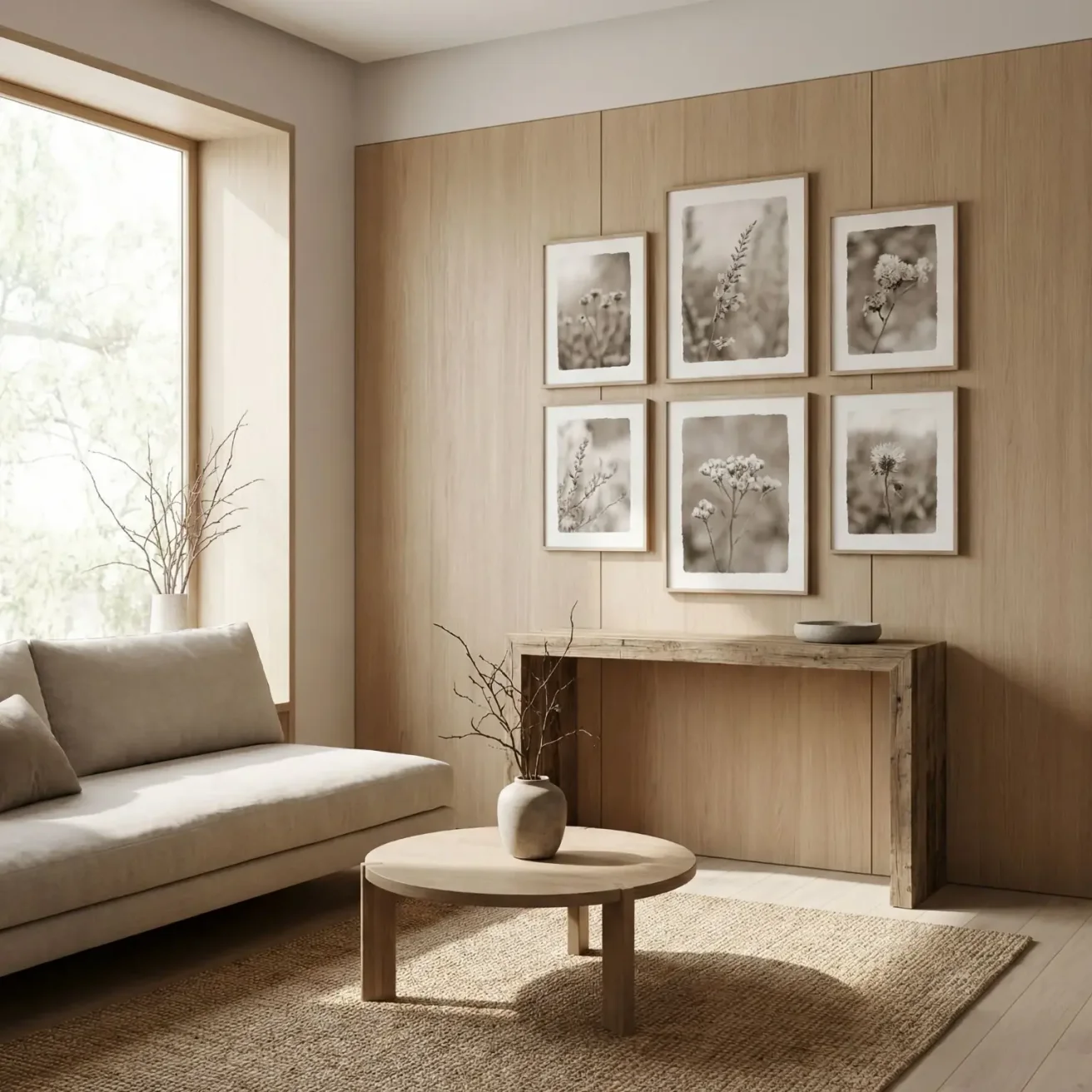 Minimalist living room with floral prints on light wood wall