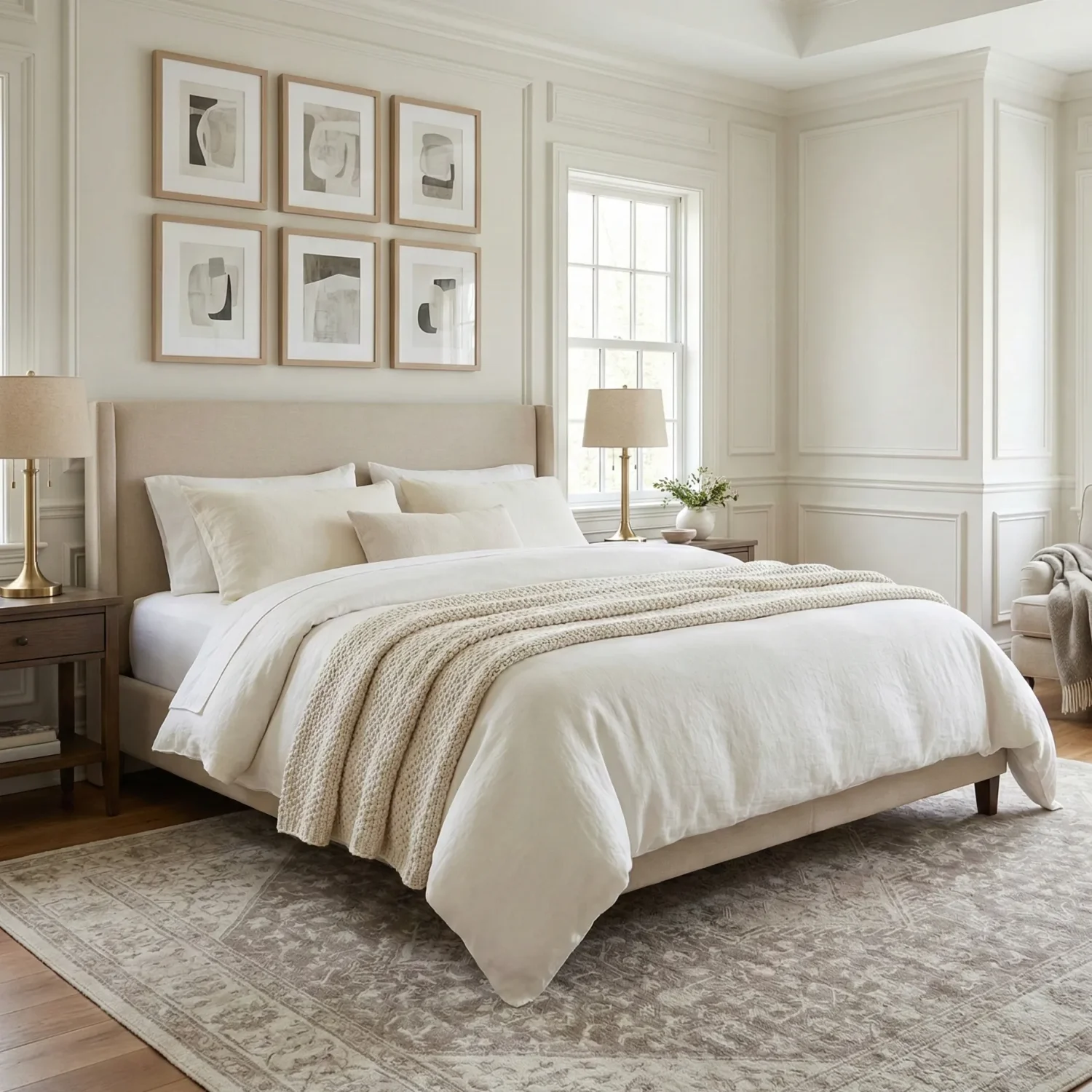 Bright neutral bedroom with upholstered bed and cozy throw