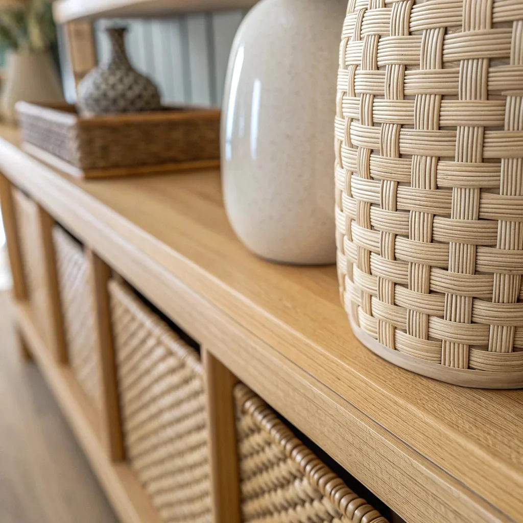 Close-up of boucle fabric, rattan basket and smooth ceramic vase grouped on a shelf.