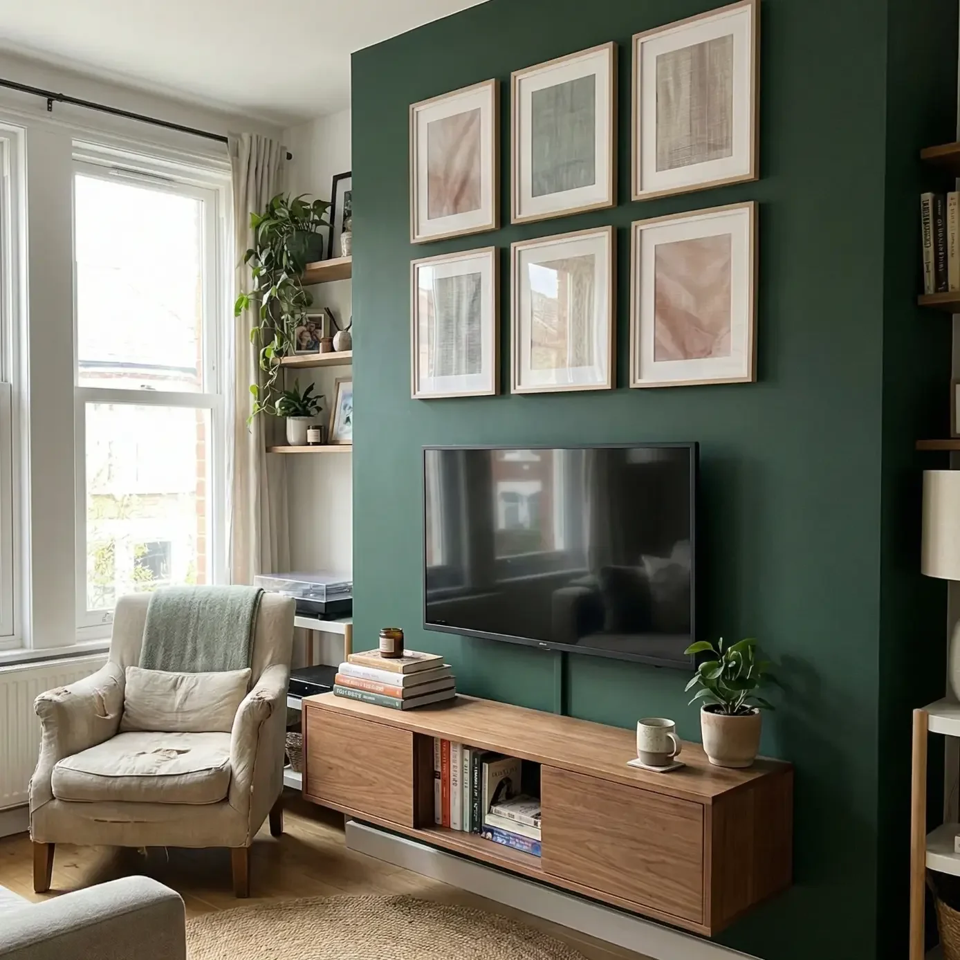 Modern living room with green accent wall and TV.