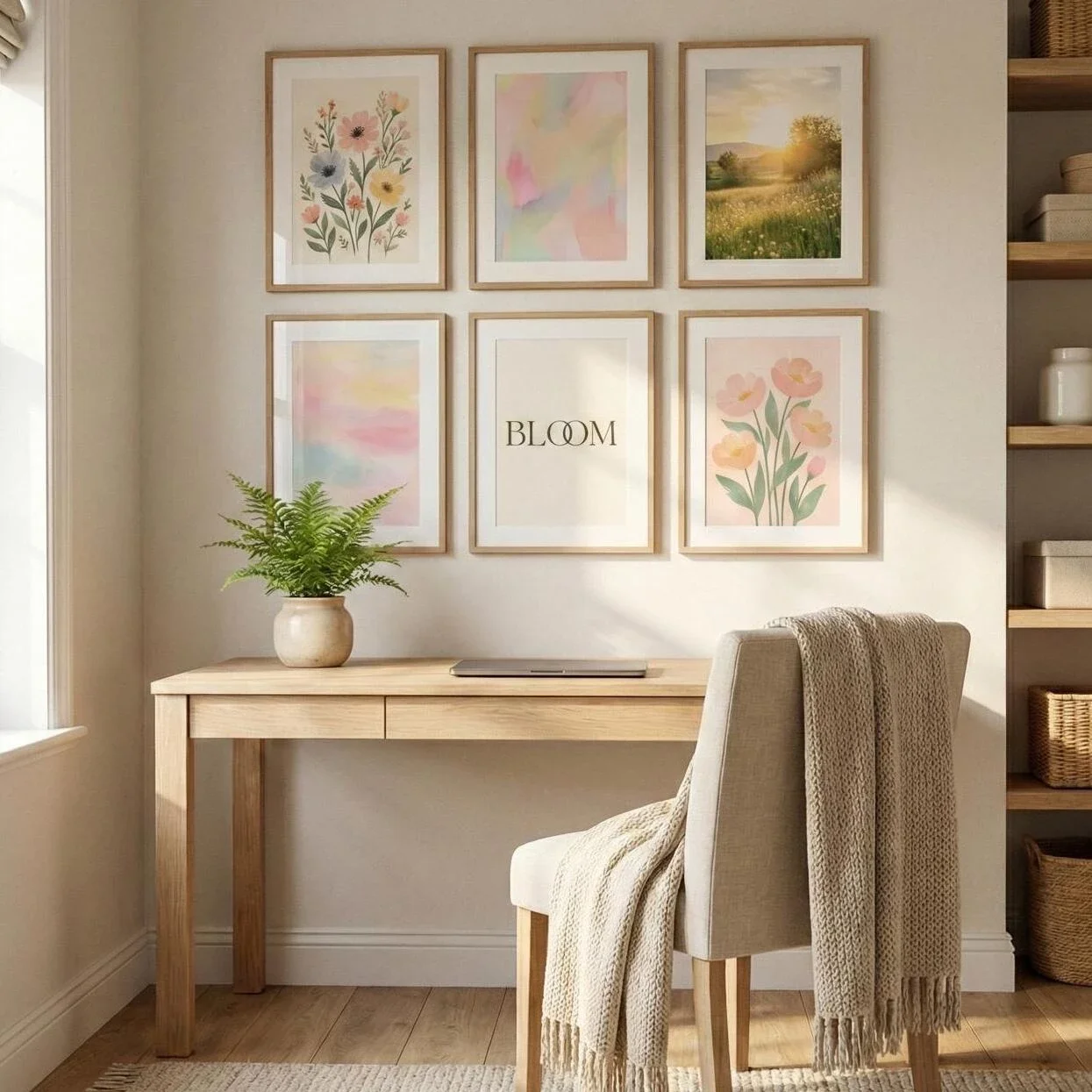 Bright workspace with pastel floral art and cozy neutral decor