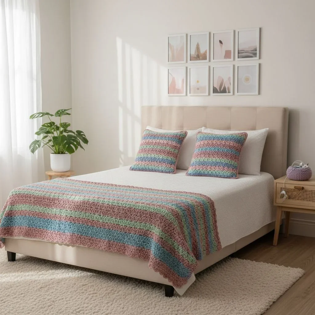 Cozy living room with crochet decor and travel Mixtiles