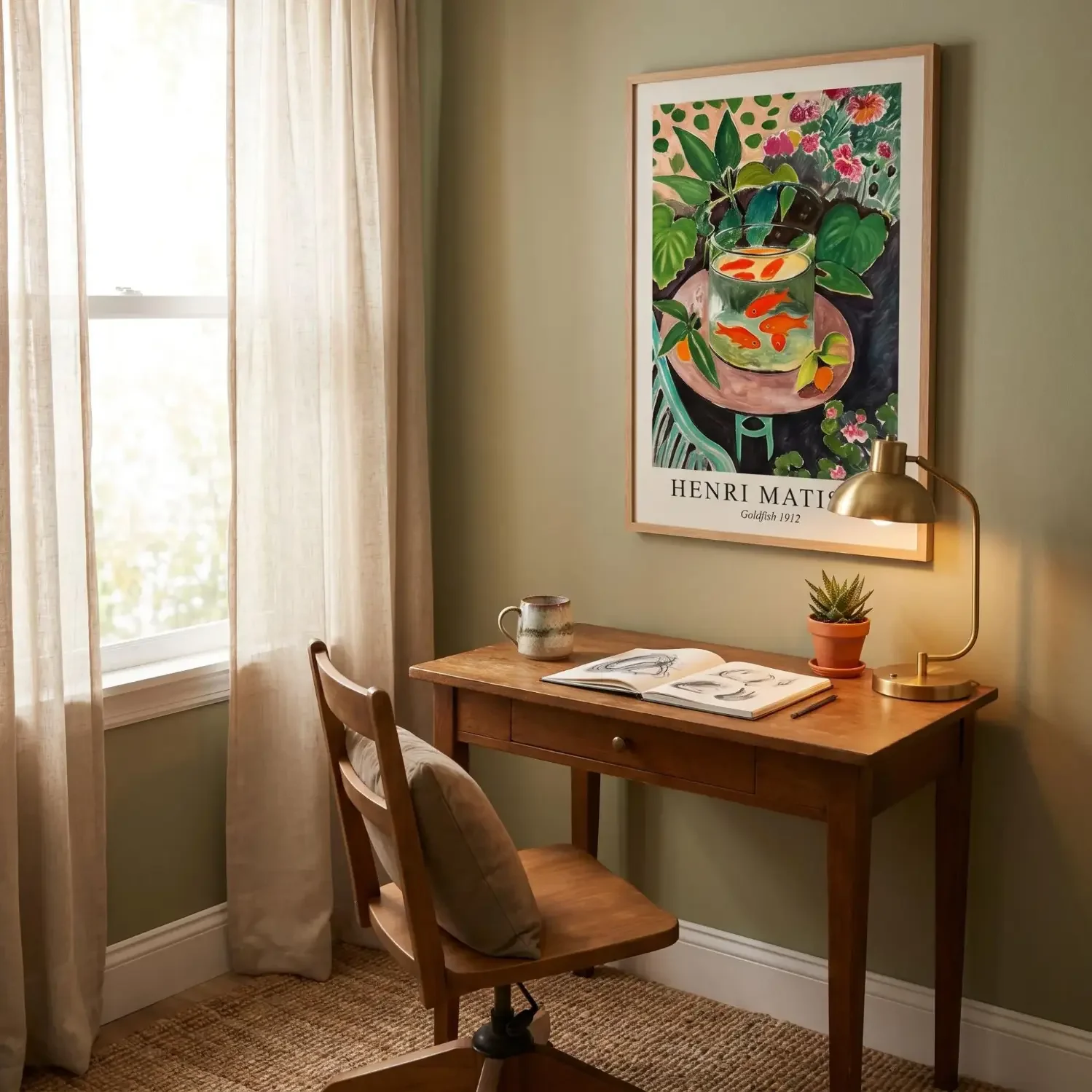 Goldfish Matisse framed print in cozy home office corner