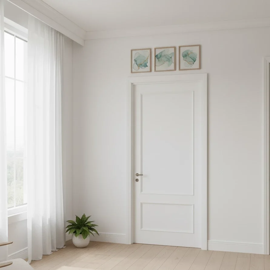 small triptych above white door in bright minimal room