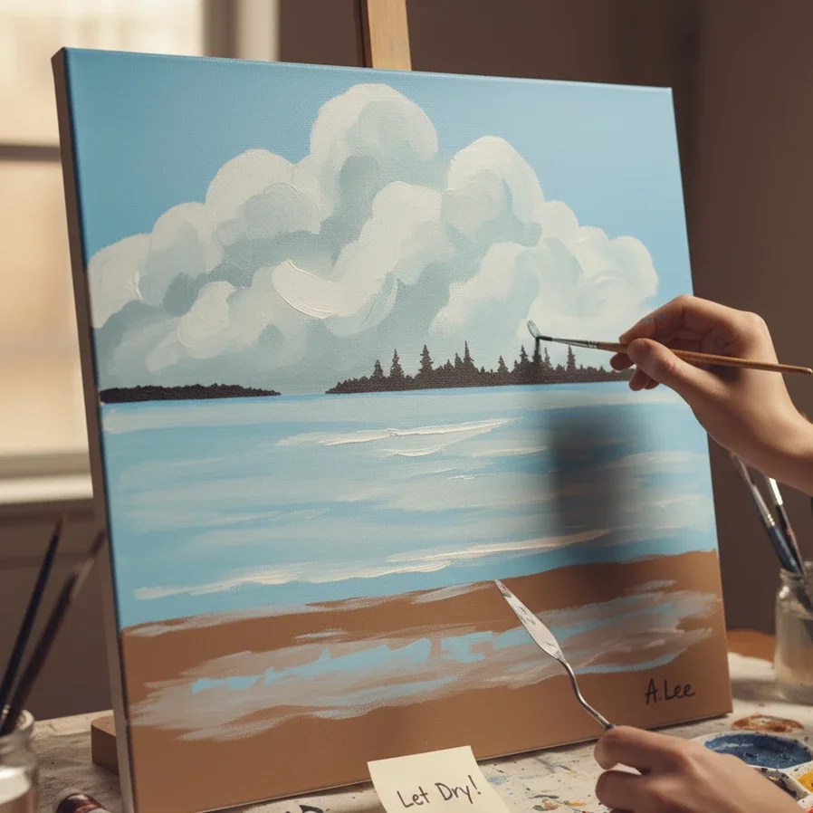 adding final details to seascape canvas on easel