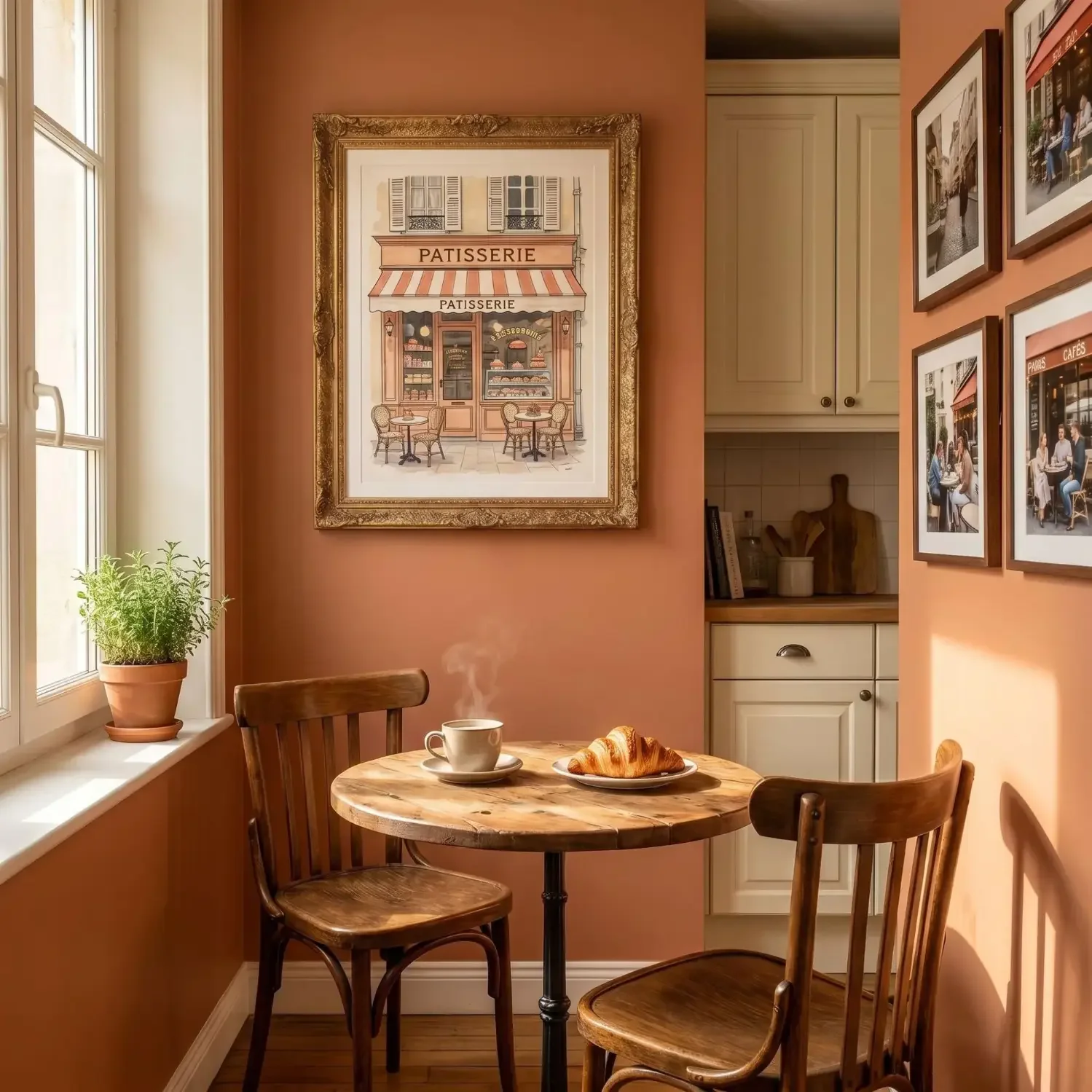 Paris café framed art in cozy kitchen breakfast nook