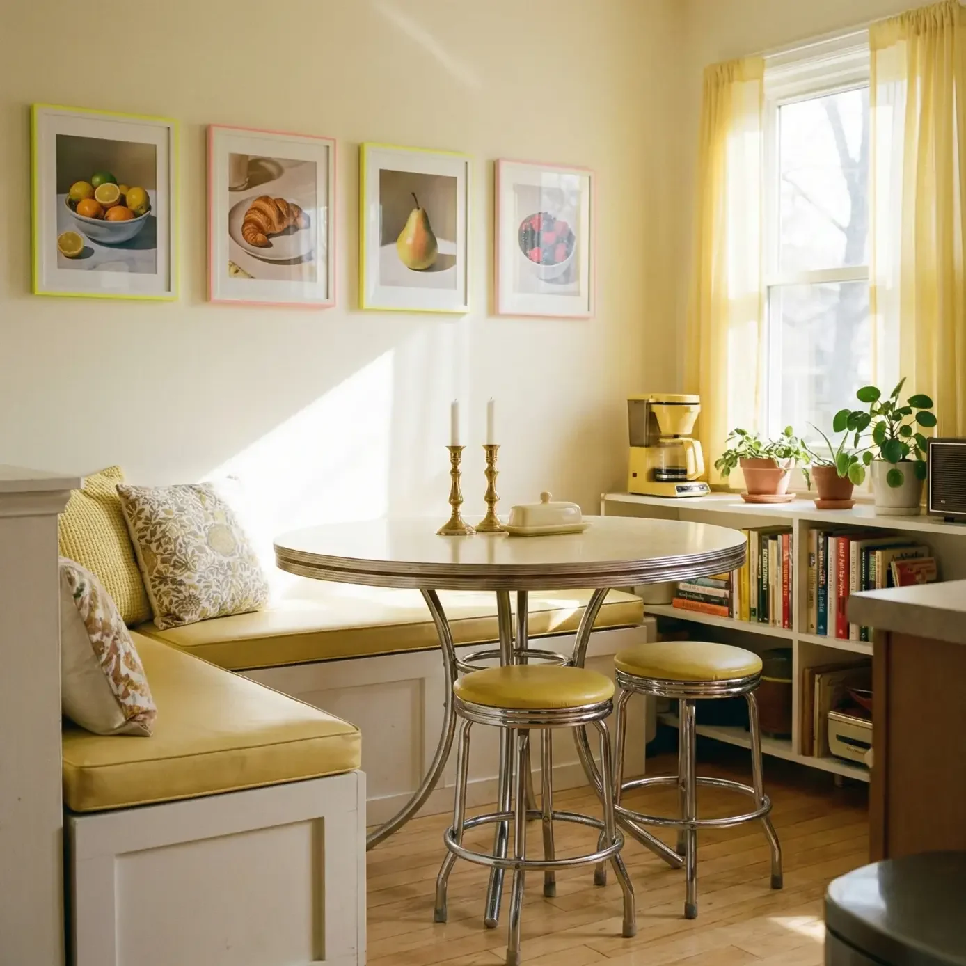Sunny breakfast nook with yellow cushions and retro stools