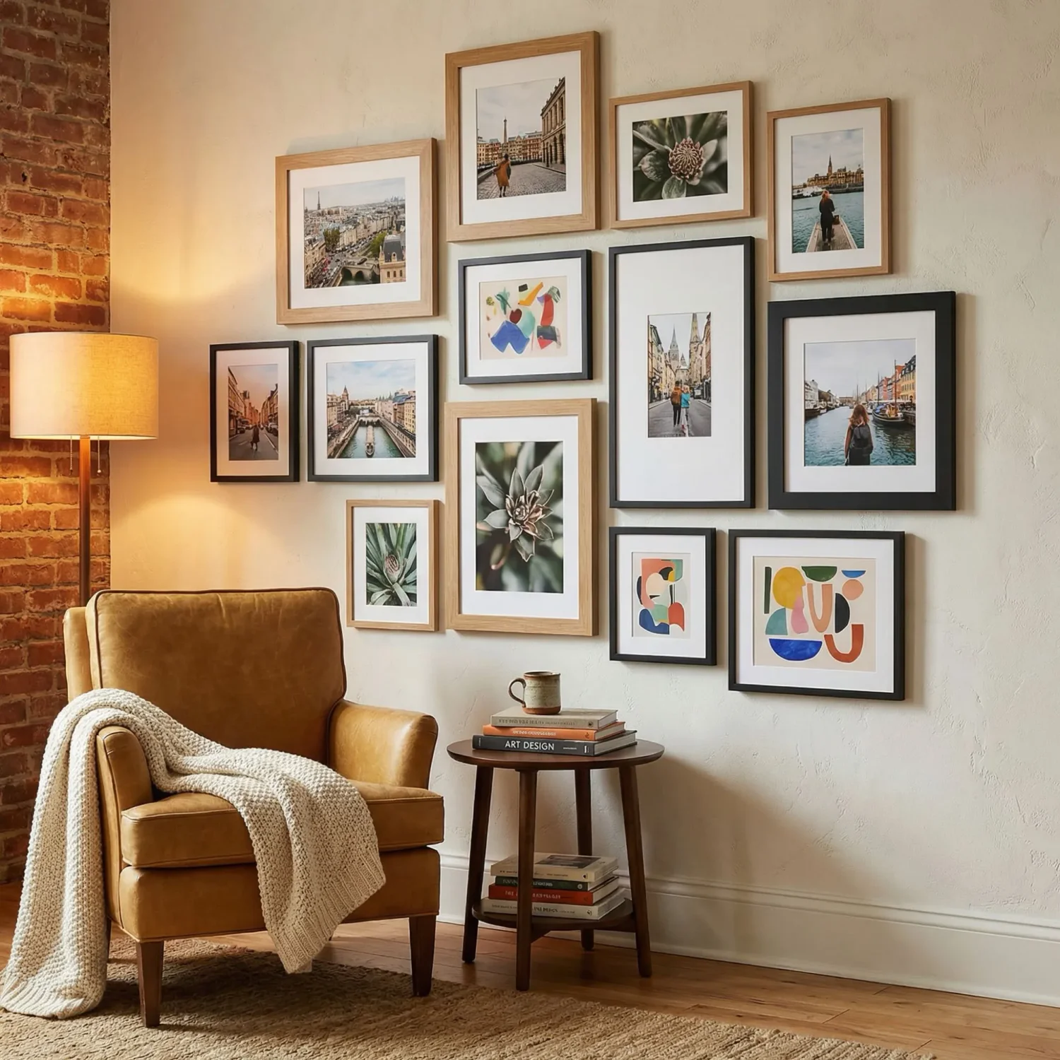 Asymmetrical mosaic framed photos eclectic living room