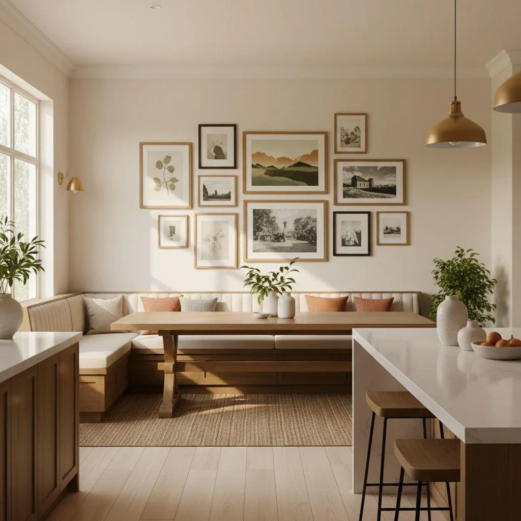 cozy kitchen breakfast nook with gallery wall and warm wood tones