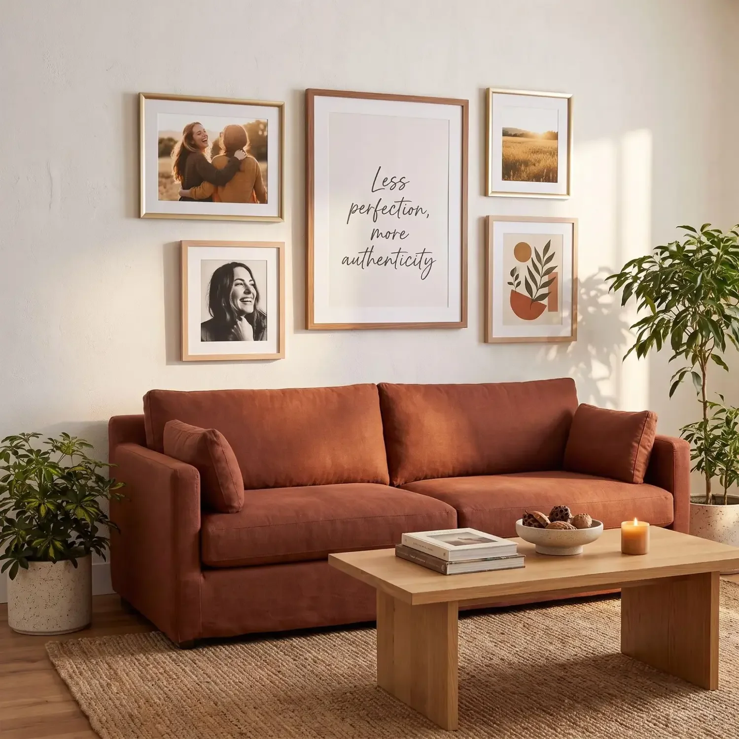 Living room gallery wall with self-love prints