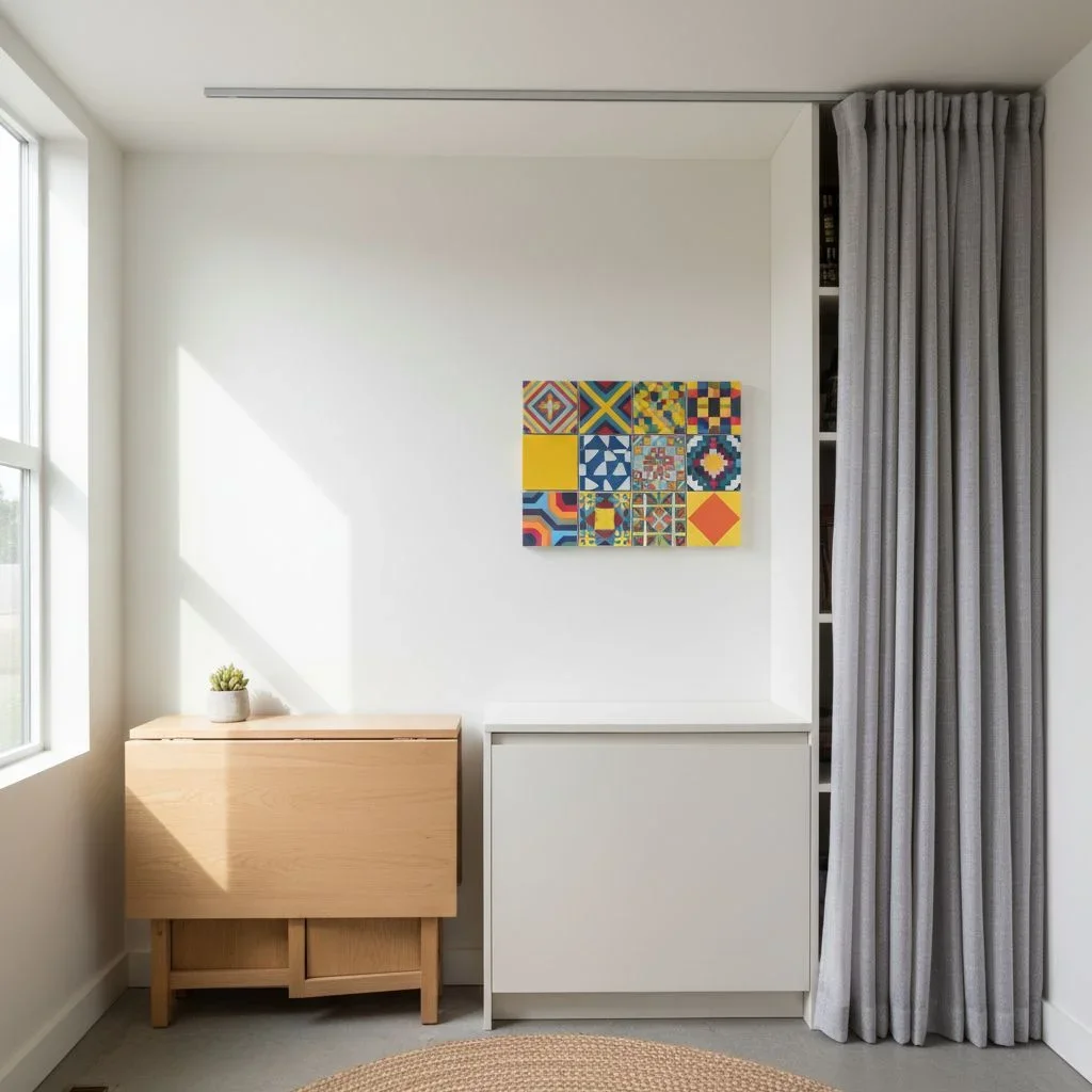 Fold-away table and hidden storage zone