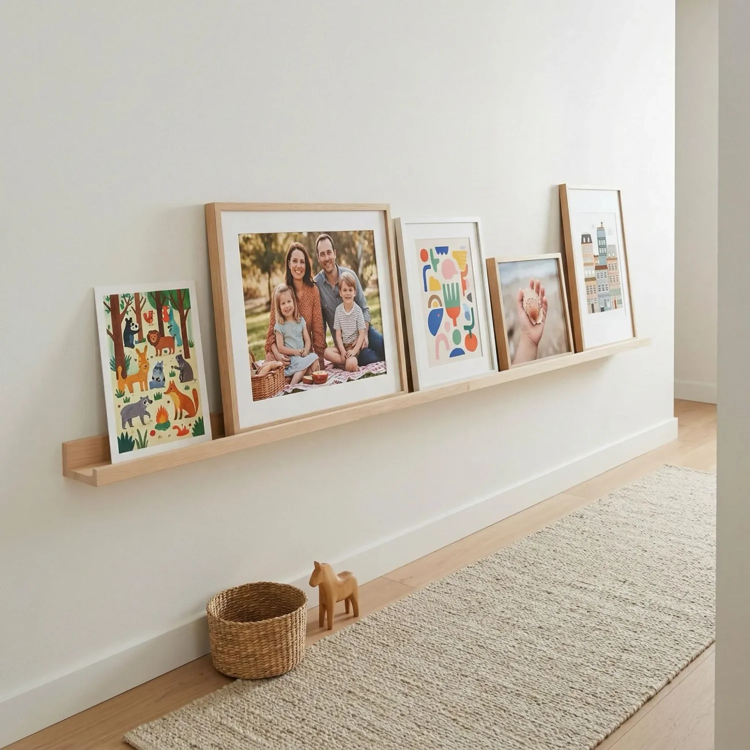 Scandi hallway with picture ledge and colorful framed art