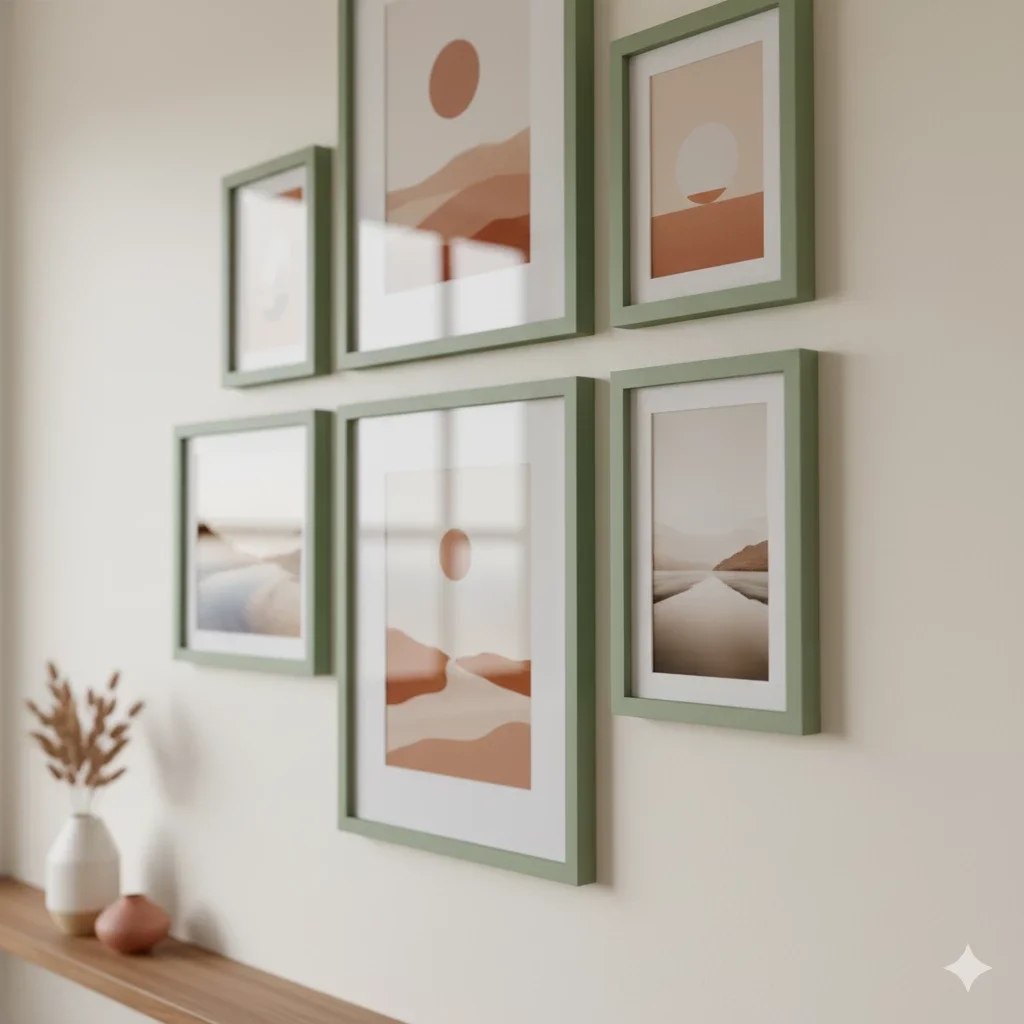 close-up gallery of green-framed minimalist landscape prints