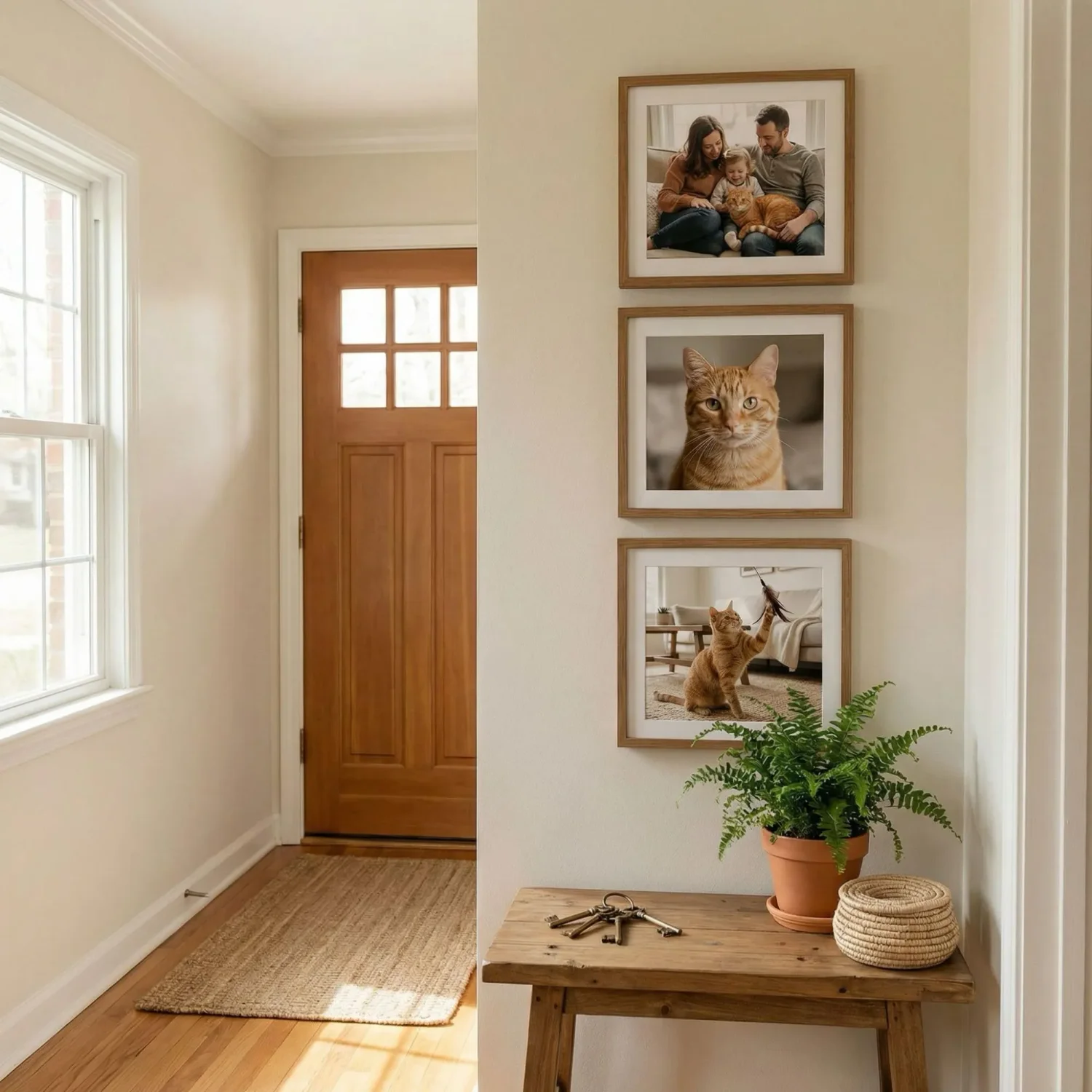 Vertical cat framed photos display in home entryway