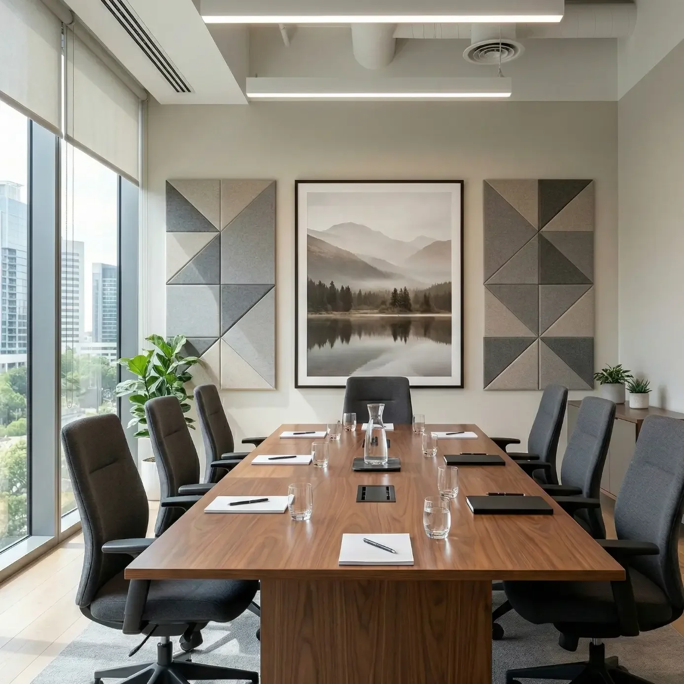 Sunlit meeting room with sleek chairs and mountain wall art
