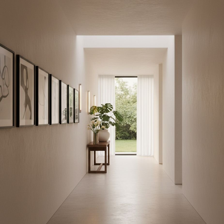Minimal hallway with framed art leading to garden view