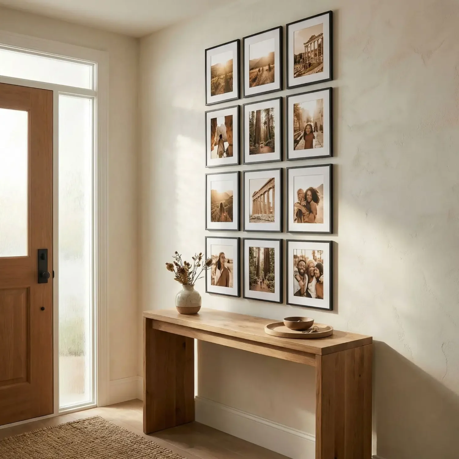 Vertical framed photos above entryway console table