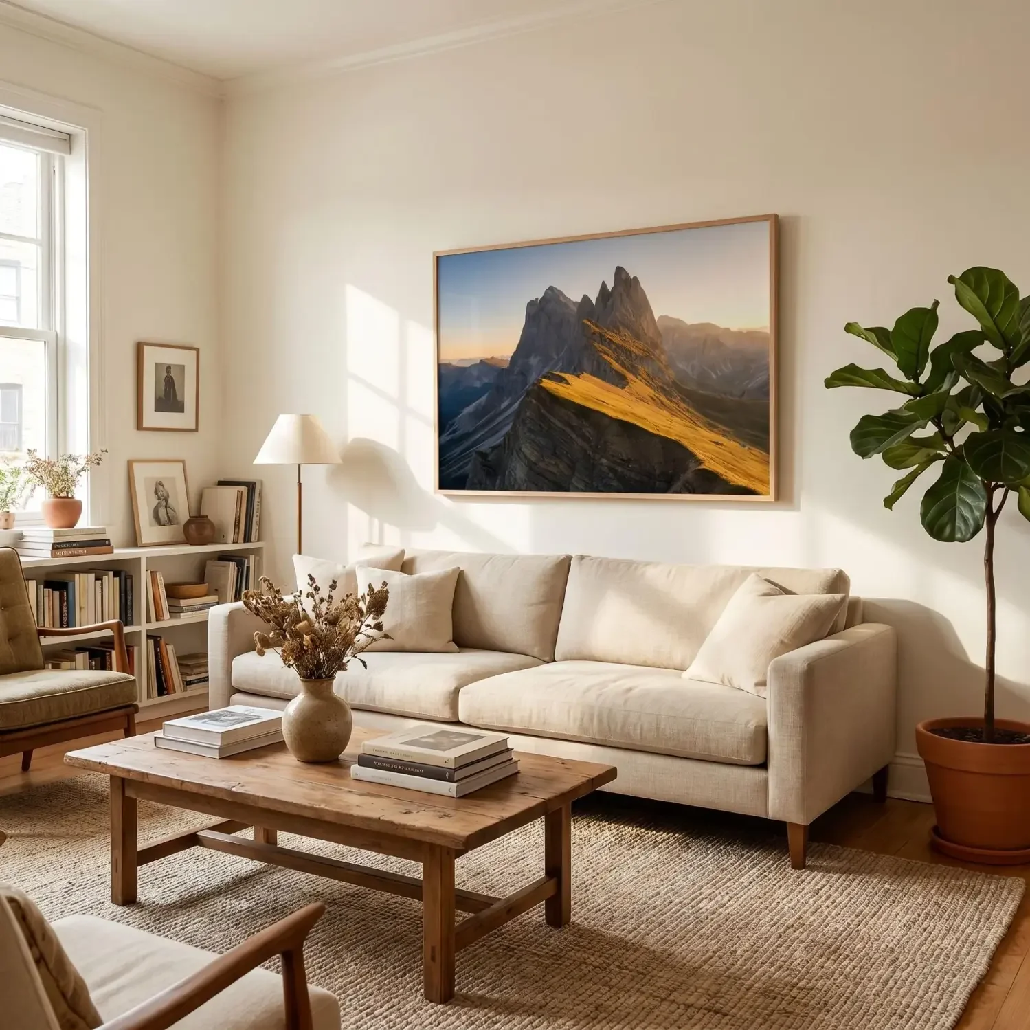 Mountain panorama framed art above living room sofa