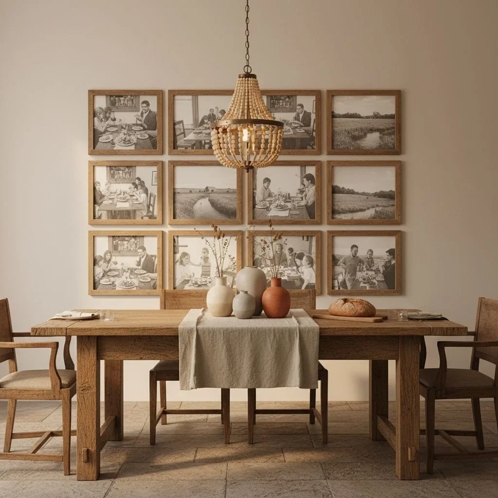 Dining room with wood table and photo grid wall art