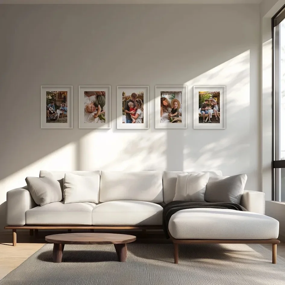 Modern living room with five framed family photos above sofa