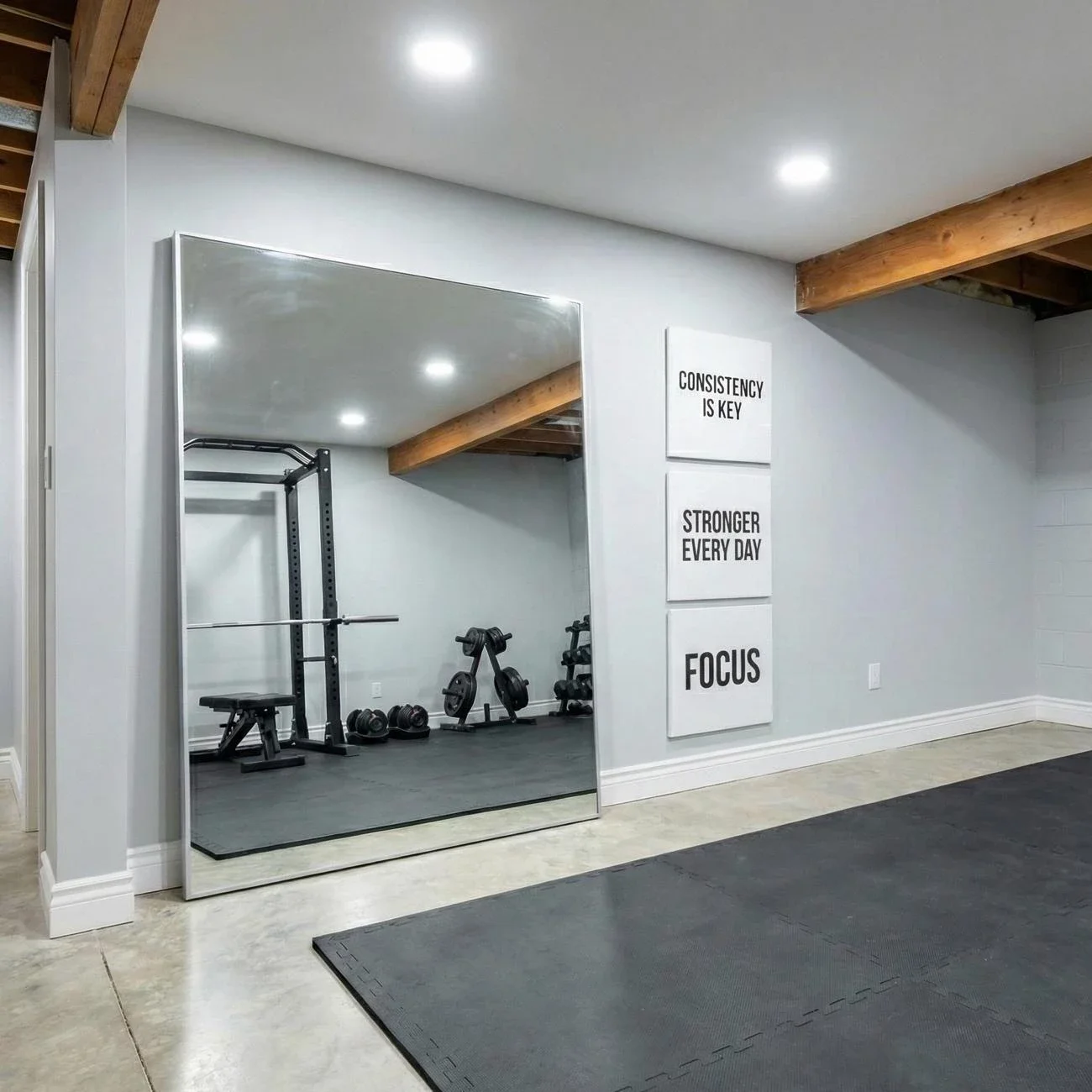 Bright hallway with wood console, woven baskets, and framed photos