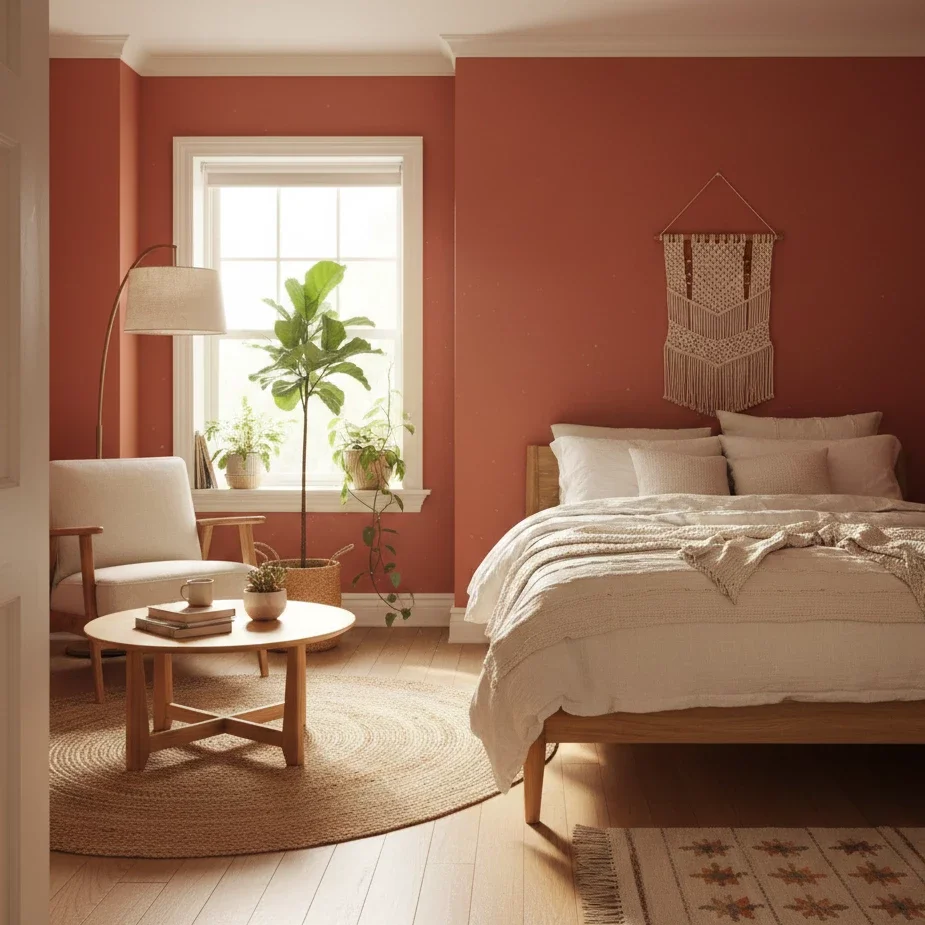 Boho-style bedroom with earthy tones and natural textures