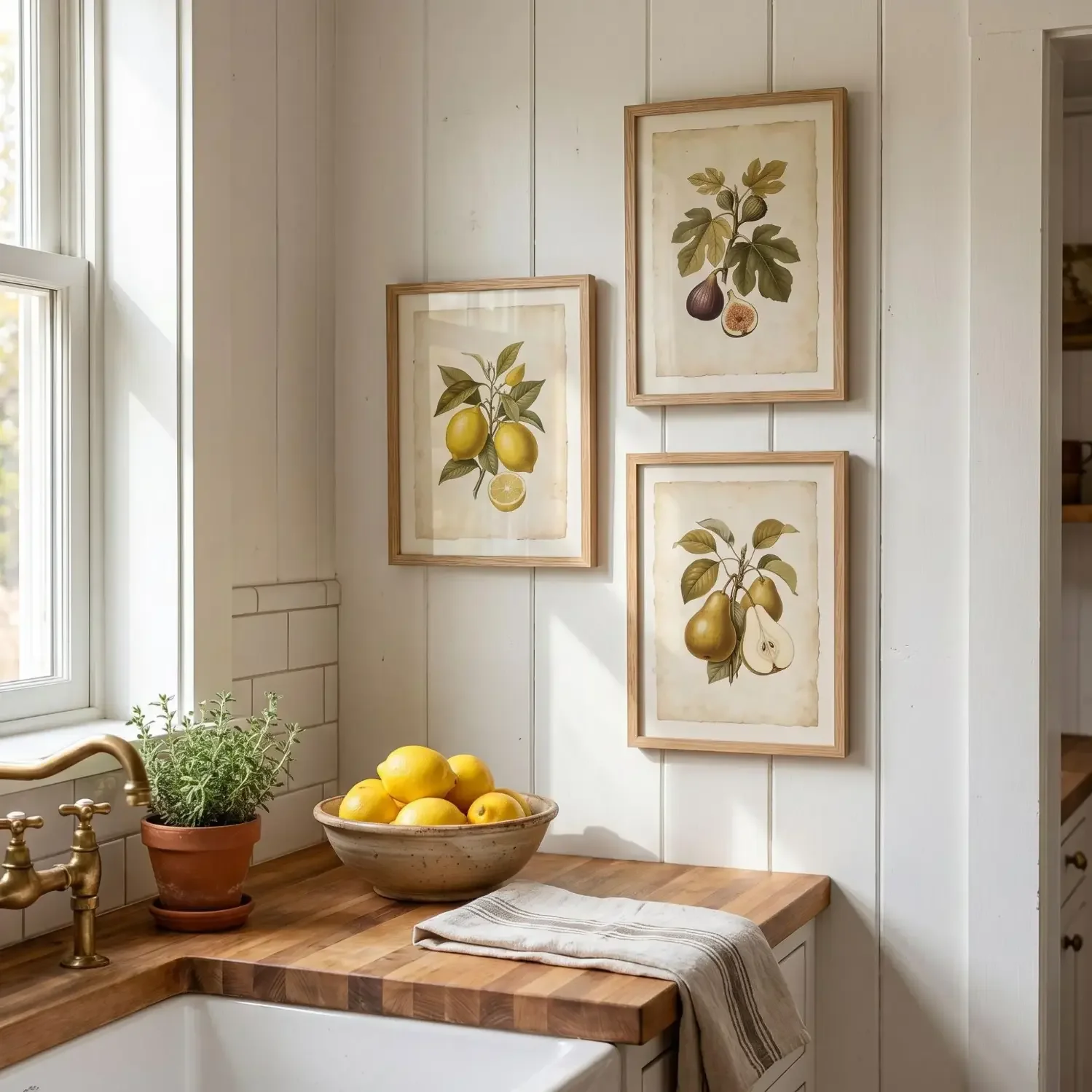 Vintage botanical fruit prints in farmhouse kitchen