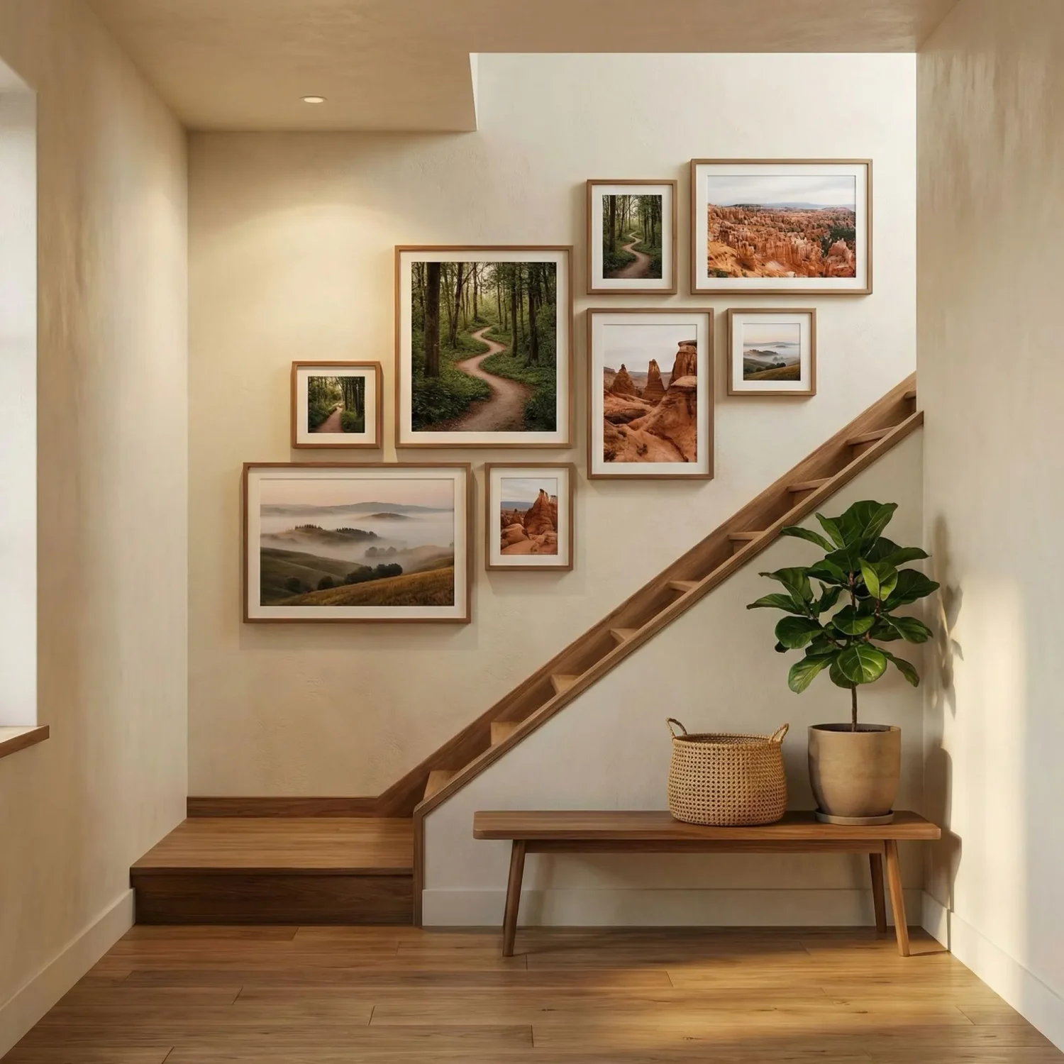 Salon-style landscape framed photos in staircase