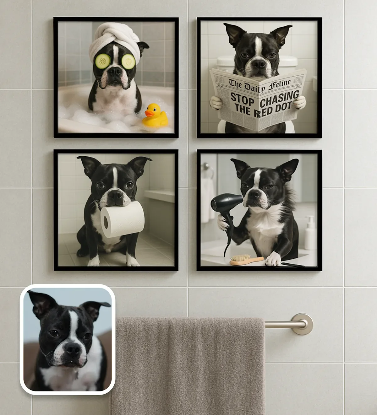 AI dog photos in bathroom