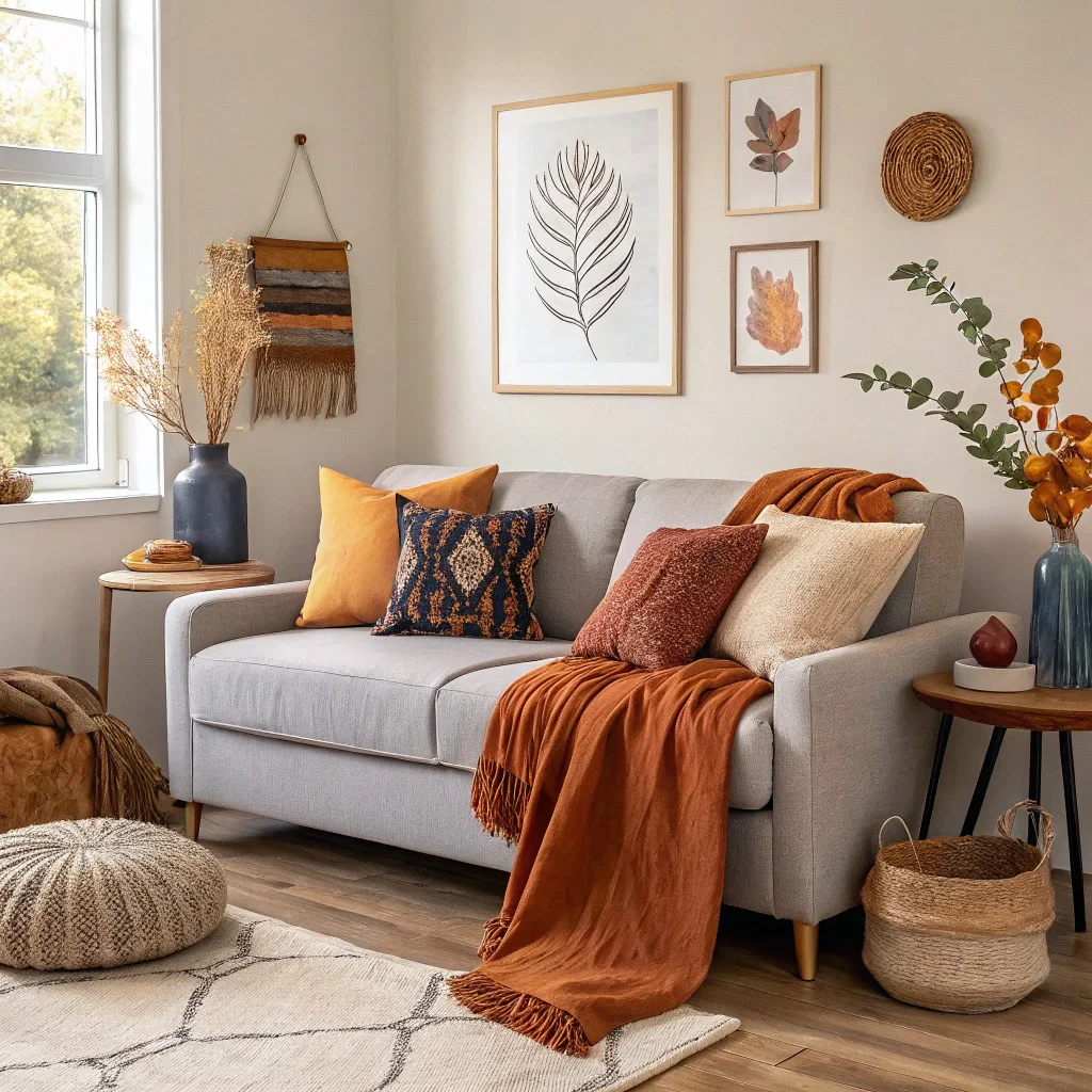 A cozy modern living room styled with a fall color palette, featuring rust, pumpkin, mustard, and chocolate textiles layered on a neutral sofa, camel and oat accents in throws and art, and subtle pops of plum, olive, and indigo in pillows and décor for a warm, cohesive autumn atmosphere.