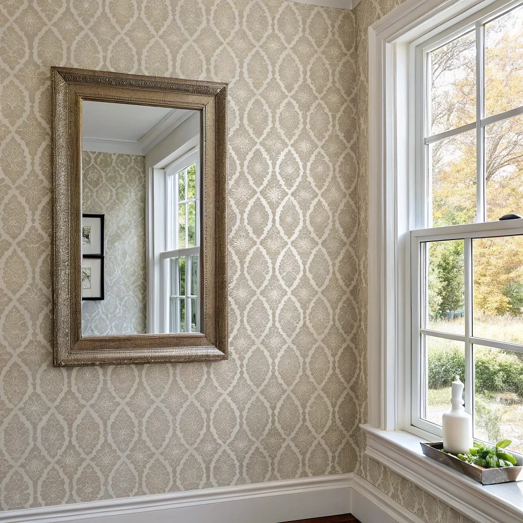 Accent wall with removable wallpaper and framed mirror.